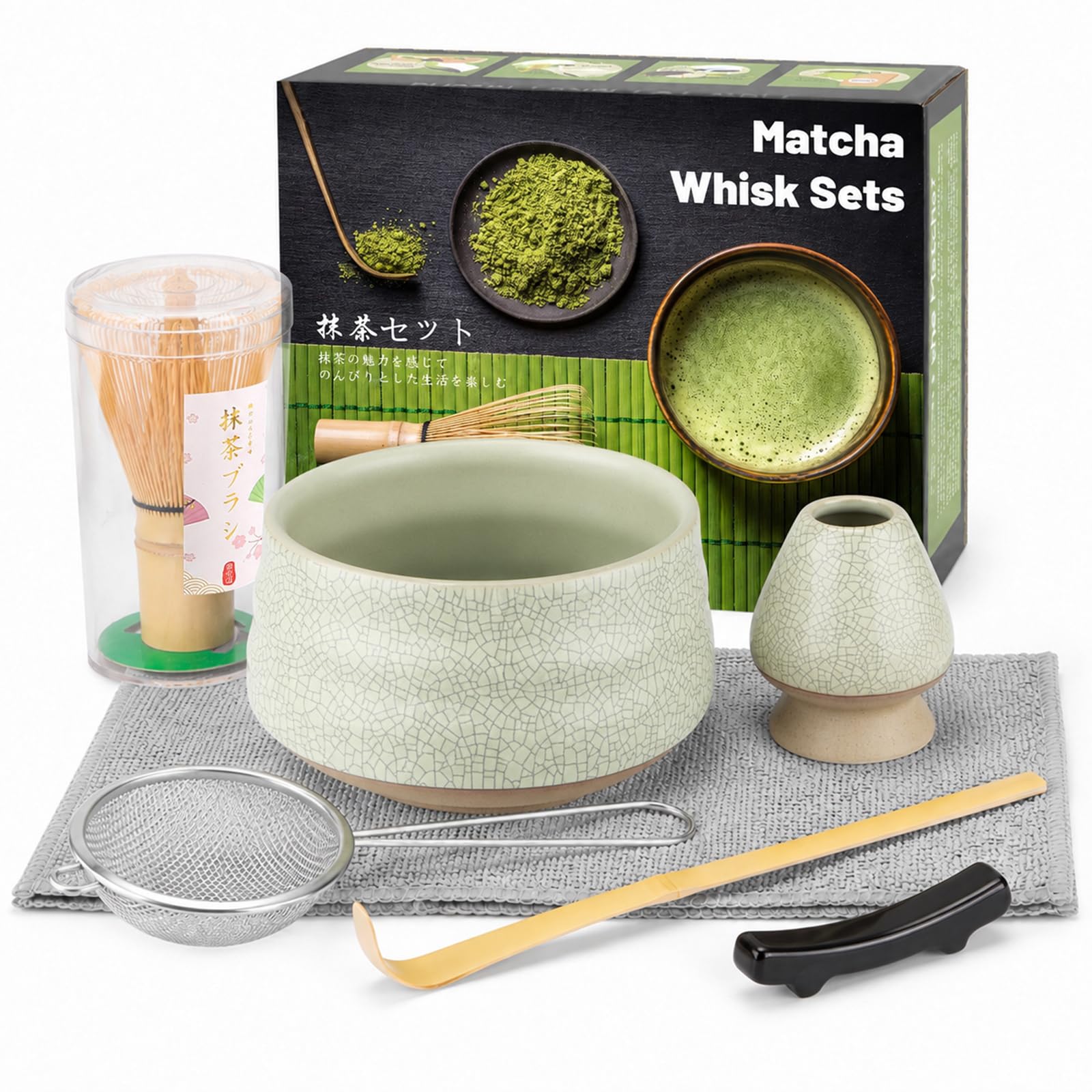 7-Piece Matcha Set, Mesh Green Ceramic Bowl with Bamboo Whisk, Holder, Scoop, Sifter, Spoon Rest & Towel – Fresh Japanese Tea Kit – Designed for Matcha Lovers