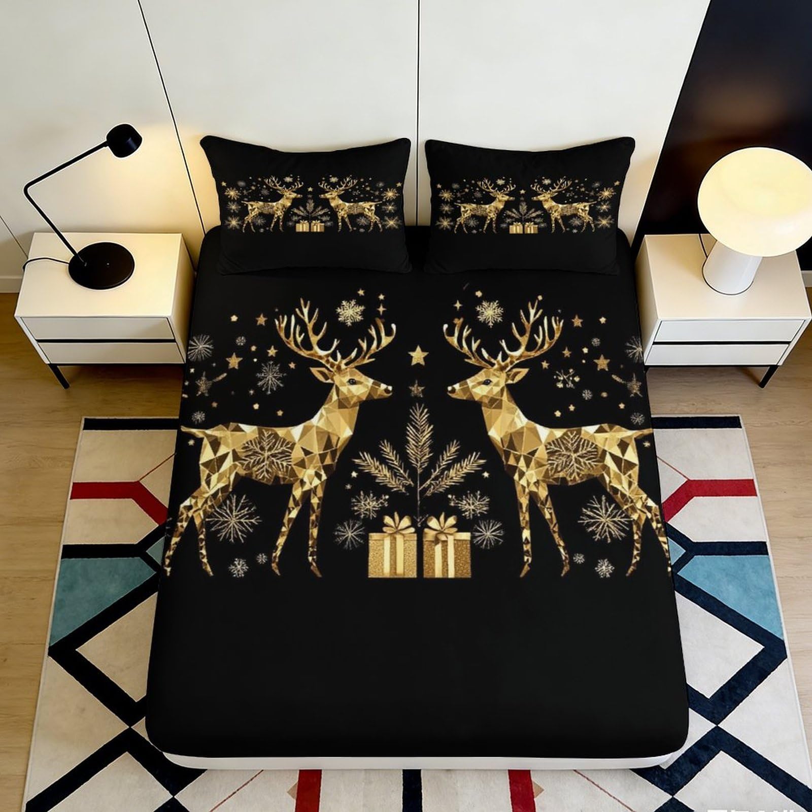 Pnayamiorkfel Style-6 3D Printed Golden Reindeer Fitted Sheet Microfiber Soft Black Snowflake Bed Cover For Bedroom Guest Room Decor 90X200x25cm