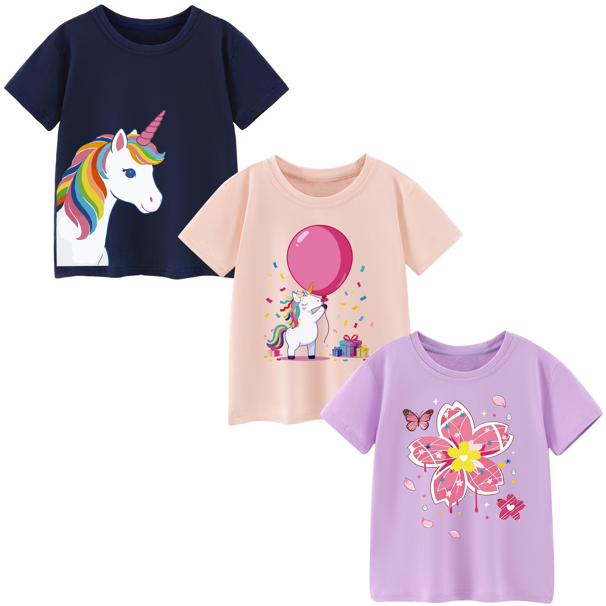 Camisetas de Manga Corta Niñas, Camiseta Algodon para Niña de Verano, Cuello Redondo T-Shirts Moda Informal Tops para Niños 3-8 Años