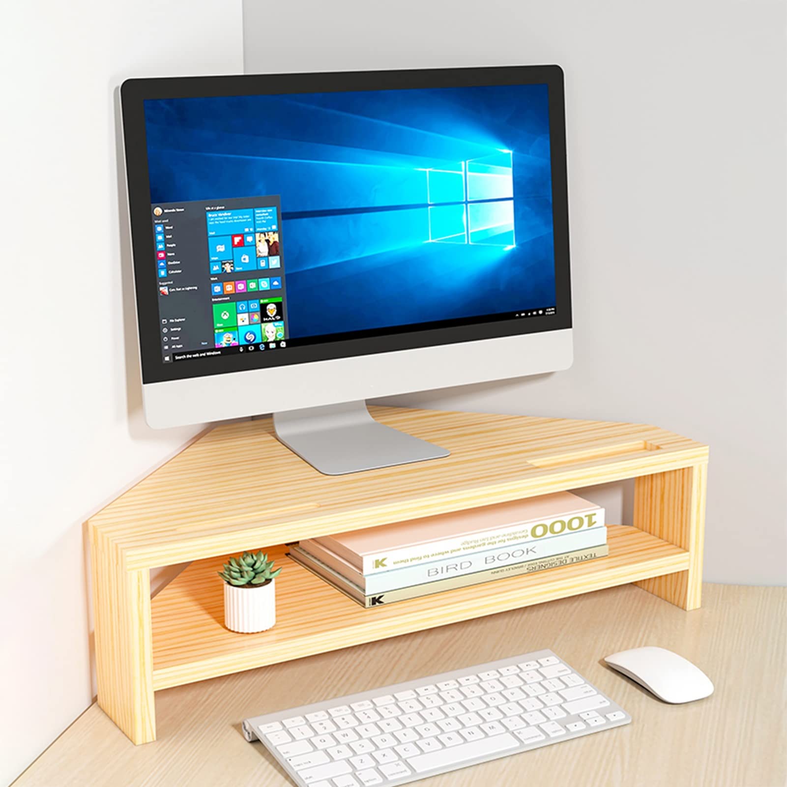 C'ESTBON Supporto Monitor Supporto per Monitor Angolare Ergonomico A Triangolo, Supporto per Monitor in Legno con Cassetto, Supporto per Monitor da Tavolo Ad Angolo per Scrivania A L