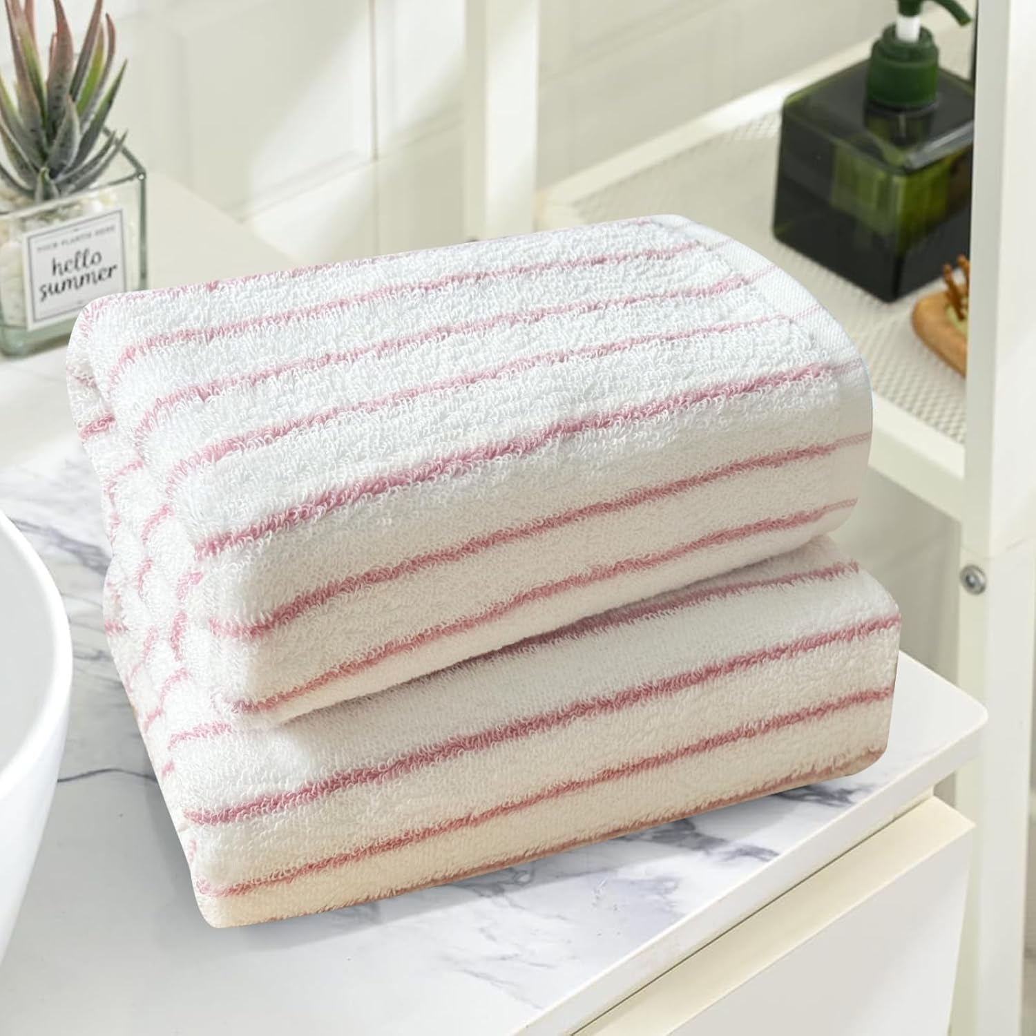 USTIDE Pink Striped Hand Towels 100% Cotton Soft Clean Hand Towel for Bathroom Kitchen Sports Cute Pink White Stripes Hand Towel 2 Pack, 14 x 30 Inch