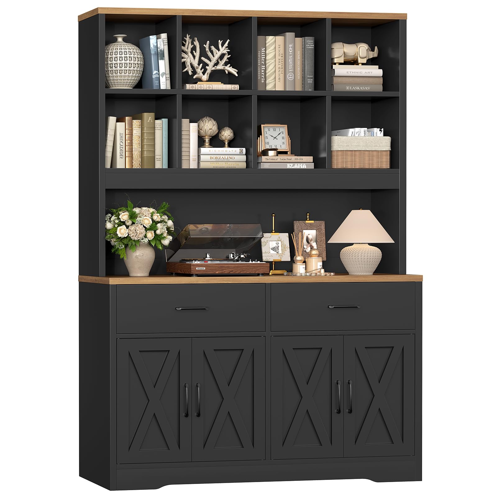 TEENFON Large Bookcases with Drawers and Storage Cabinet, Bookshelf and Bookcase, 5 Tier Floor Standing Bookshelves, 8 Open Storage Shelves and Printer Stand for Study, Living Room, Office