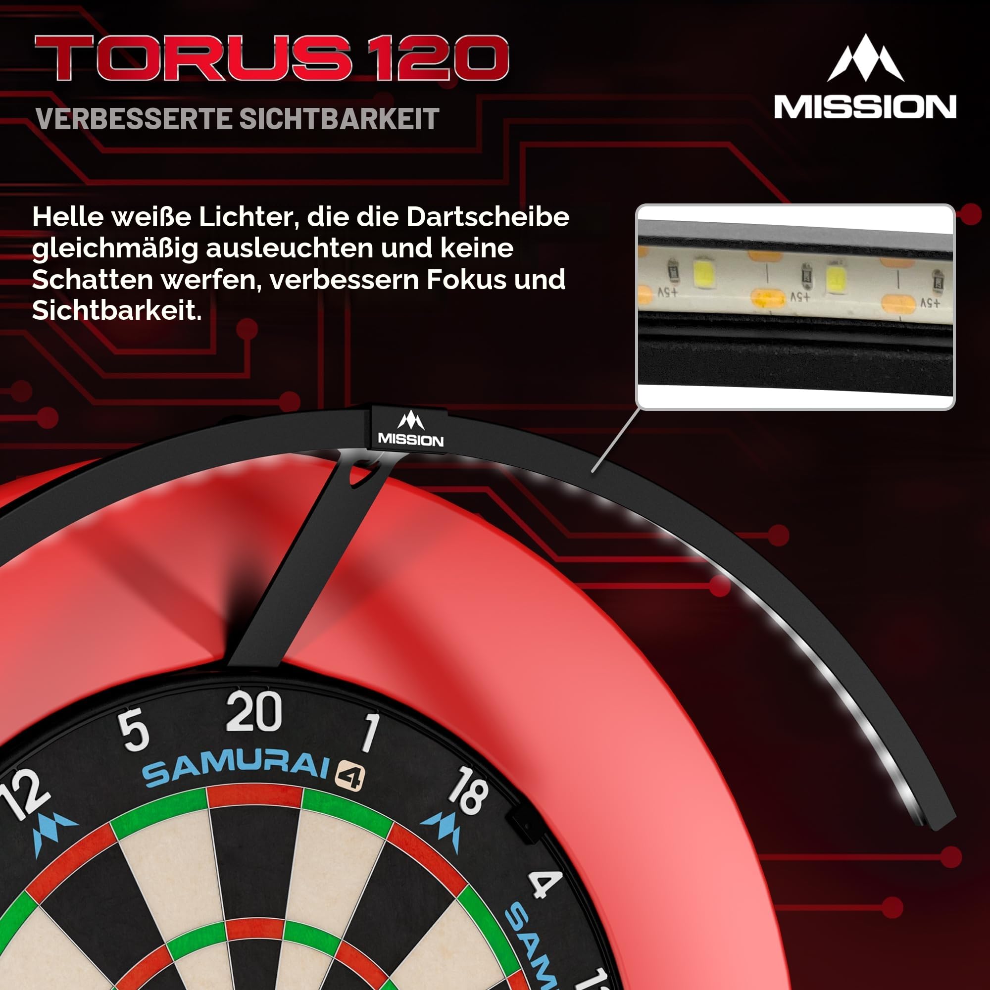 Mission Darts | Torus 120° | helle weiße LED | Dartscheiben-Beleuchtungssystem | tragbar | USB C