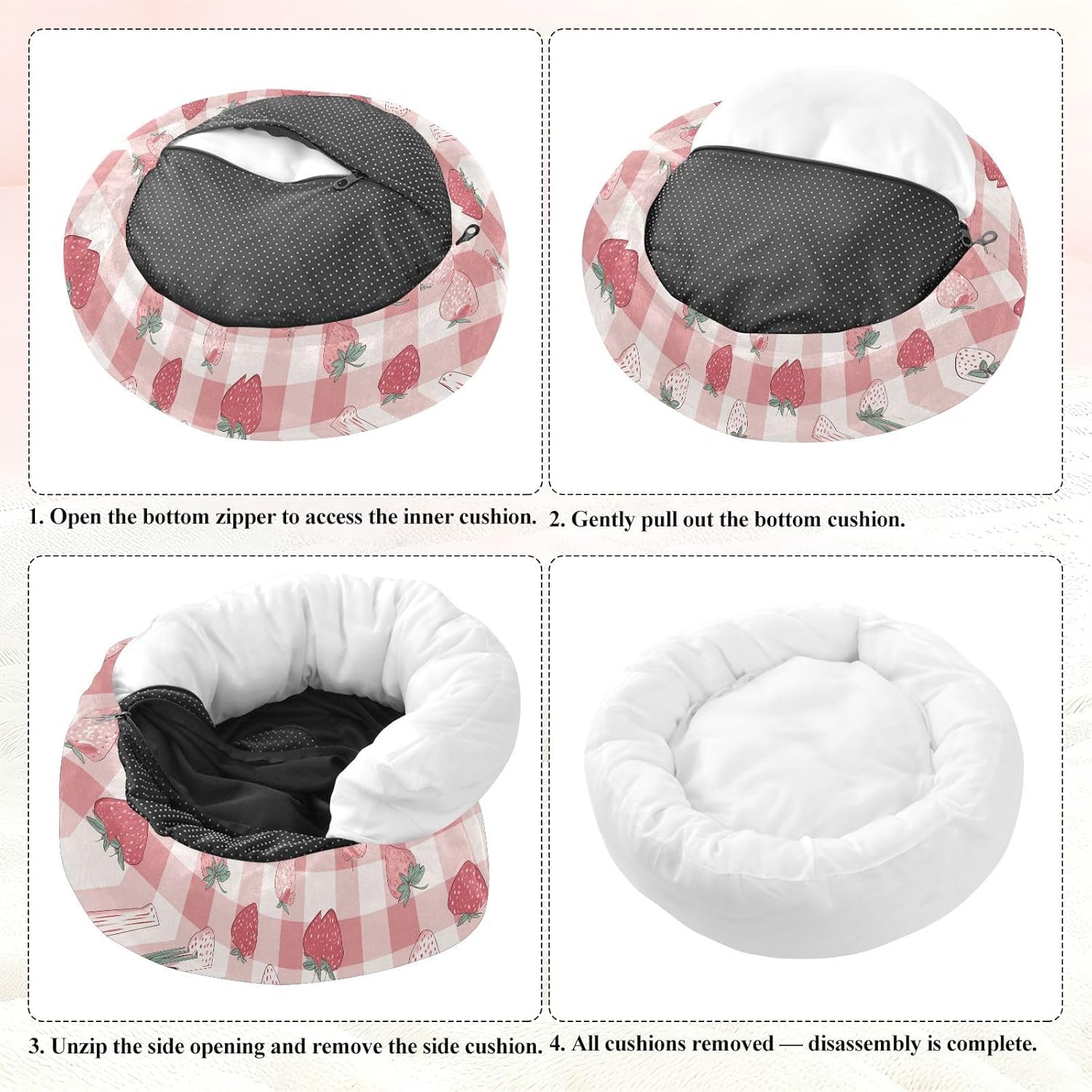 Wudan Pet Cat Beds Removable & Washable Fluffy Dog Pillow Bed for Extra Small Size Pets Sleeping M Strawberries on Pink and White Checker