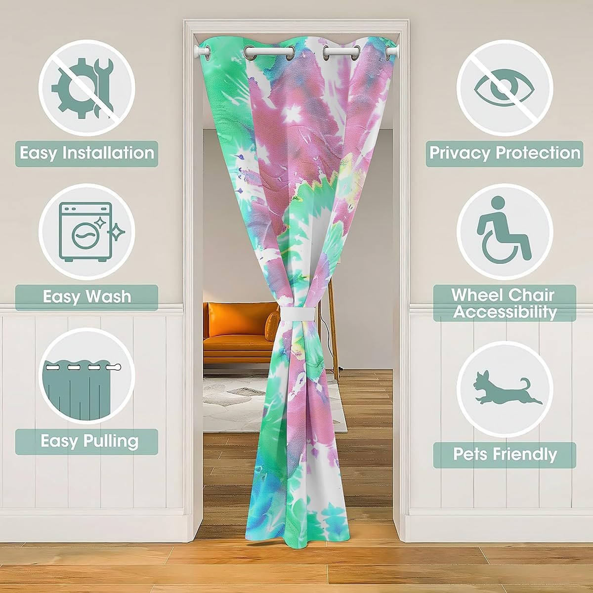 Tie Dye Door Curtain for Doorway Privacy - Girls Boho Psychedelic Pink Blackout, Bohemian Gypsy Watercolor, Exotic Spiral Window Curtain - Teal Blue (1 Panel, 42"W X 80"L)