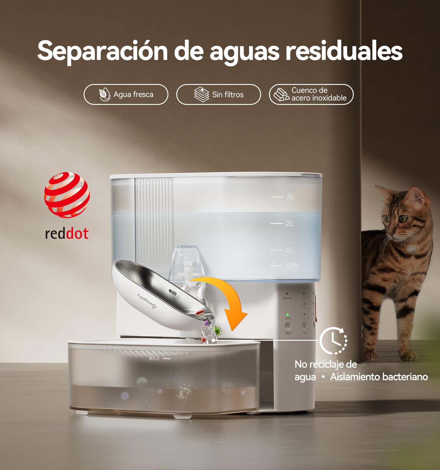 FEELNEEDY Fuente para Gatos Sin Filtro e Inalámbrica con Batería 2000mAh, Separa el Agua Limpia del Agua Usada, Cuenco de Acero Inoxidable, Bebedero Gatos Sin Cable 3,5L, Blanca