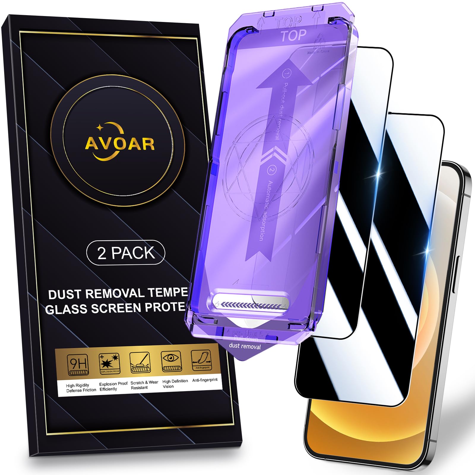 AVOAR 2 Pack for iPhone 12/12 Pro Privacy Screen Protector, [Automatic Dust Removal] [Drop Protection] 9H Full Screen Tempered Glass for iPhone 12/12 Pro 6.1" Bubble Free, Anti-Spy, Case Friendly