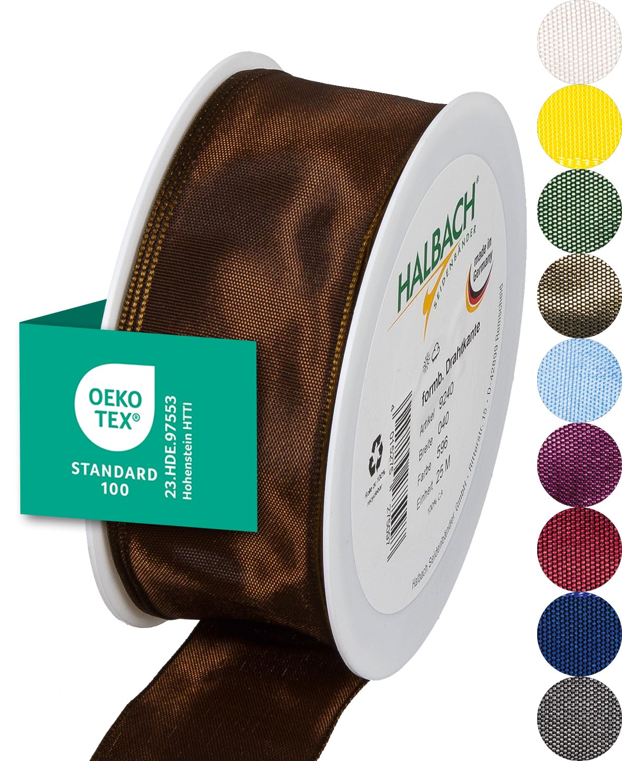 Halbach Seidenbänder Premium Geschenkband mit Drahtkante | Breite 40mm Länge 25m | Öko-Tex 100 zertifiziertes Schleifenband | Taftband Made in Germany, Farbe: dunkelbraun