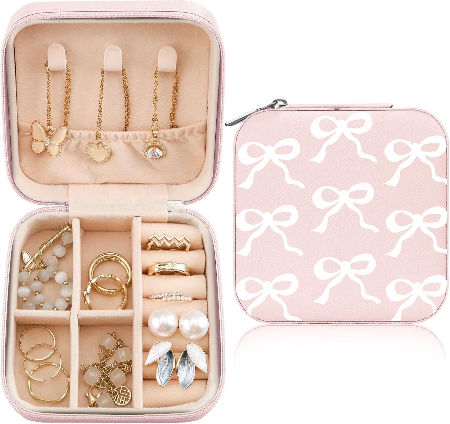 MAYCARI Jewelry Box with Cute White Bow Pattern Design, PU Leather Jewelry Travel Organizer Case-Rings/Earrings/Necklace Storage Box for Women Birthday Mom Friends Her Bridesmaids Girls Gifts MAYCARI Jewelry Box with Cute White Bow Pattern Design, PU Leather Jewelry Travel Organizer Case-Rings/Earrings/Necklace Storage Box for Women Birthday Mom Friends Her Bridesmaids Girls Gifts