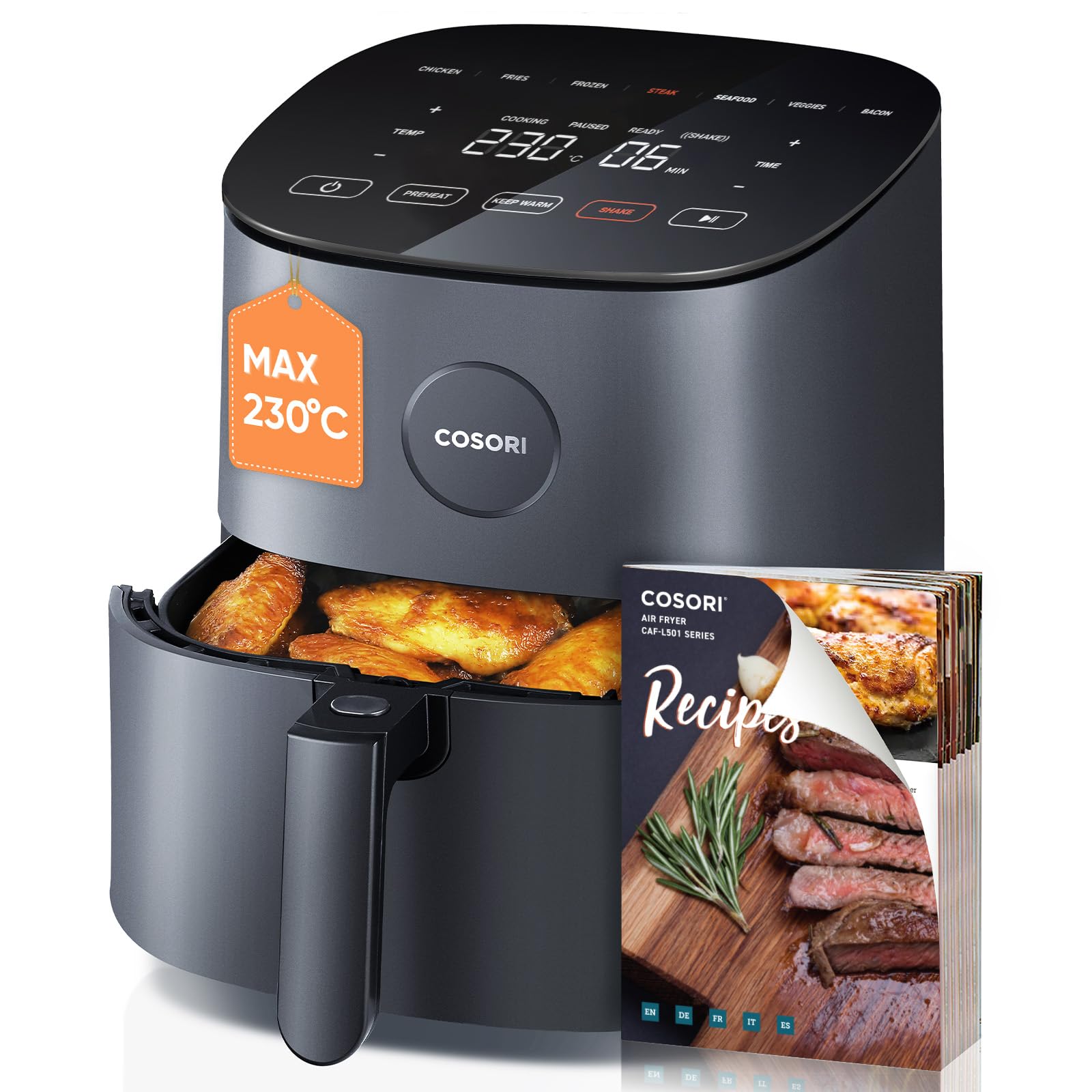 Cosori Friggitrice ad Aria 4,7 Litri, 75-230°C, 9 Preimpostazioni, 1500W | Silenzioso e Risparmio Energetico, Meno Olio&Senza Fumo, Ricettario Italiano, Lavabile in Lavastoviglie, Rumore Sotto i 55dB