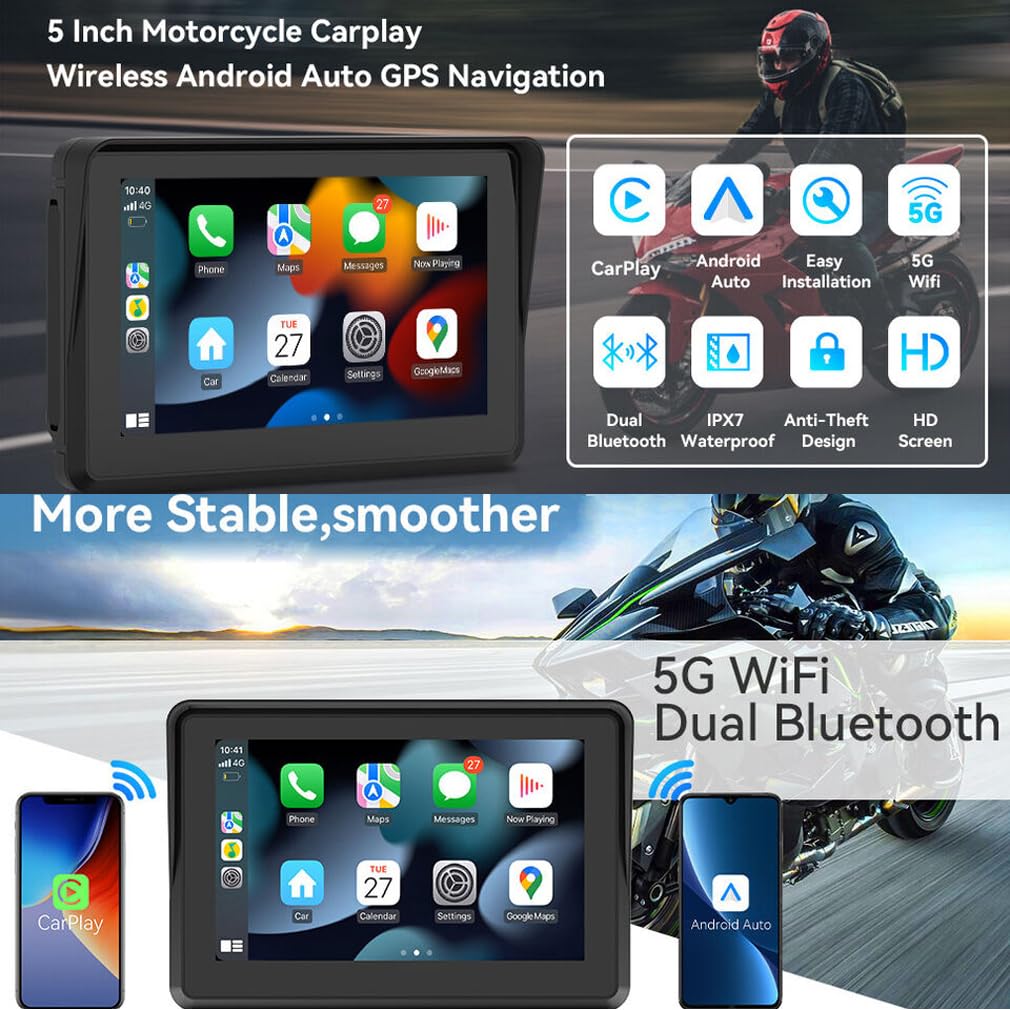 XRC TECH - Pantalla táctil IPS HD de 5 pulgadas portátil para motocicleta, navegador GPS, inalámbrico, CarPlay/Android Auto IPX7, impermeable, función Bluetooth dual 5G, WiFi, control de voz antirrobo