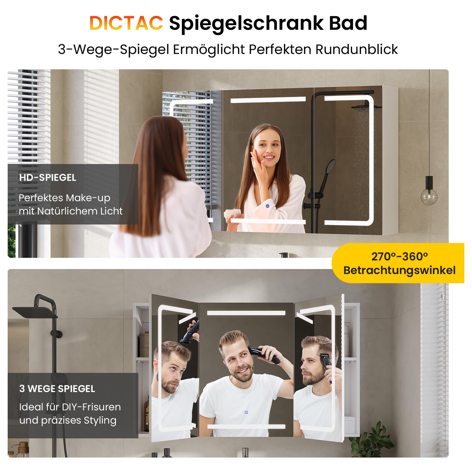 DICTAC Specchio Bagno Contenitore con Luce e Presa Elettrica Mobile Bagno da parete con 3 Ante Specchio e 3 Ripiano Regolabile, Armadietto Specchio Bagno con illuminazione,100 x 60 x 16cm,Bianco