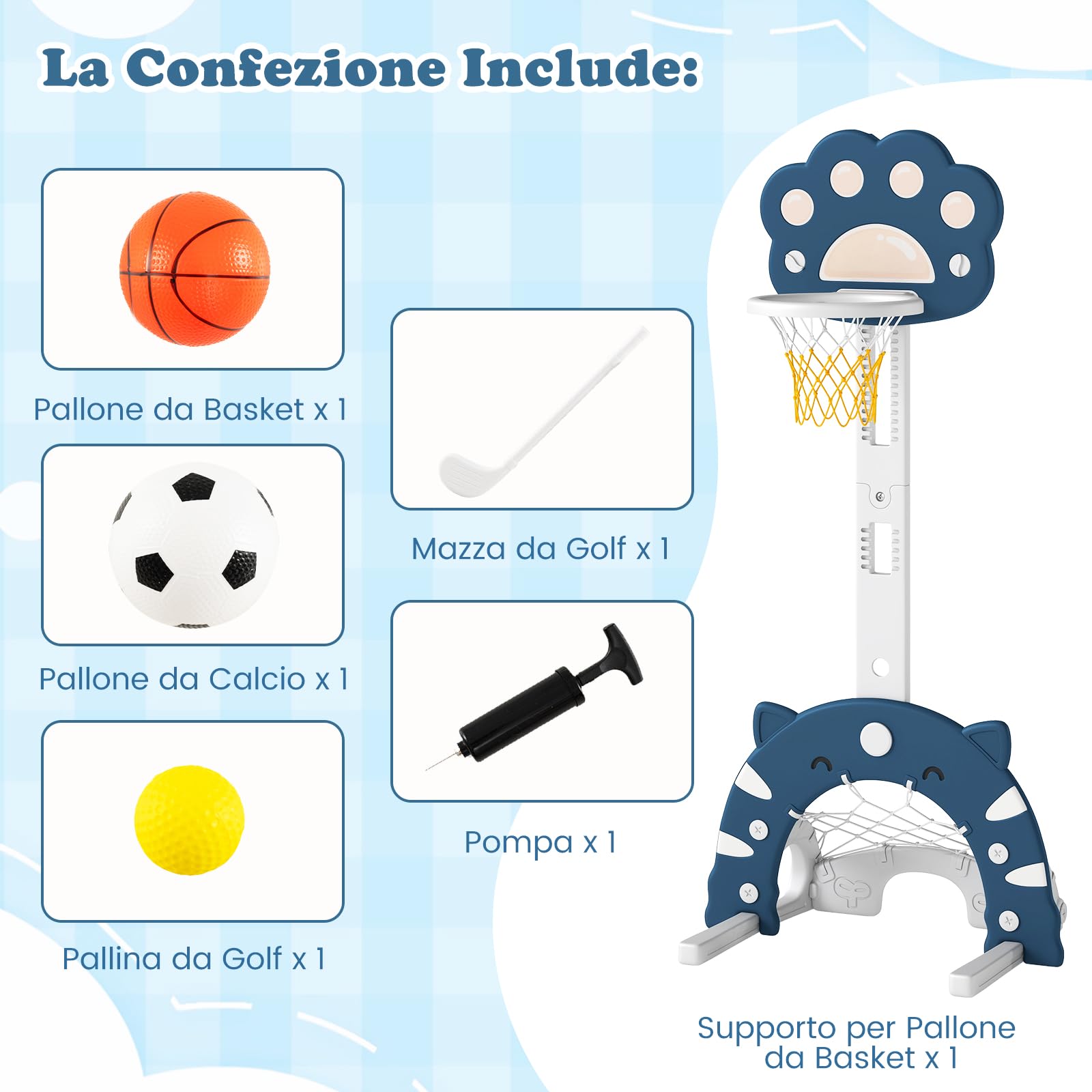 RELAX4LIFE Canestro da Basket 3 in 1 Regolabile in Altezza per Bambini, Pieghevole e Smontabile con Giochi di Calcio e Golf, Centro Sportivo per Bambini dai 3 Anni in Su (BLU)
