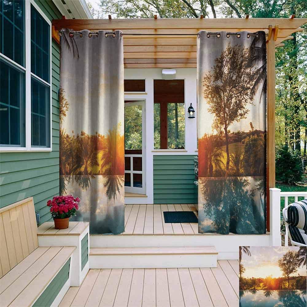 Outdoor Grommet Top Curtain Panel Hawaiian Home with Swimming Pool at Sunset Tropics Palms Private Villa Resort Scenic View Room Darkening, Noise Reducing W72"x L108" Orange Teal
