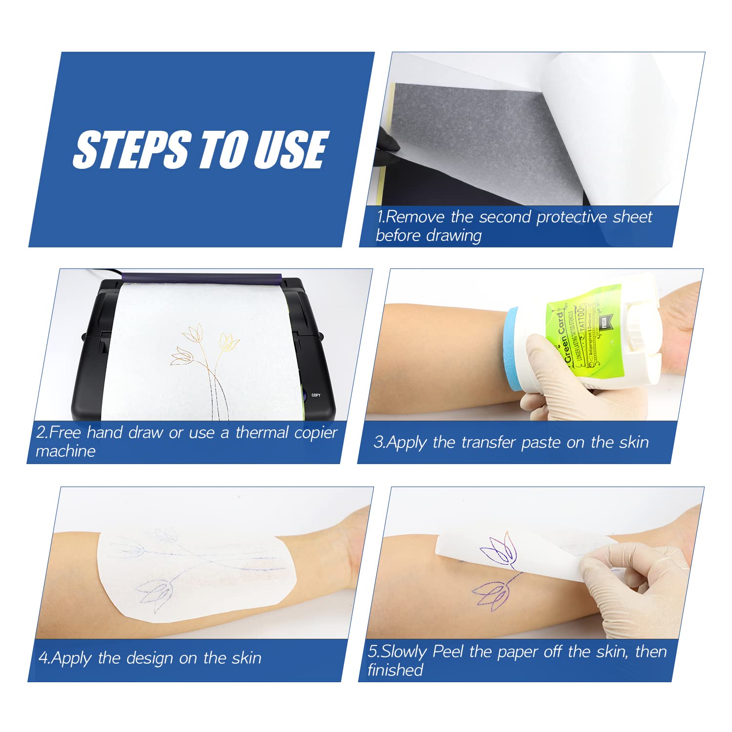 Papel de transferencia de tatuajes, 100 hojas, papel térmico de 4 capas para tatuajes, tamaño A4, transferencia de larga duración y fácil aplicación (MOKOHOA)