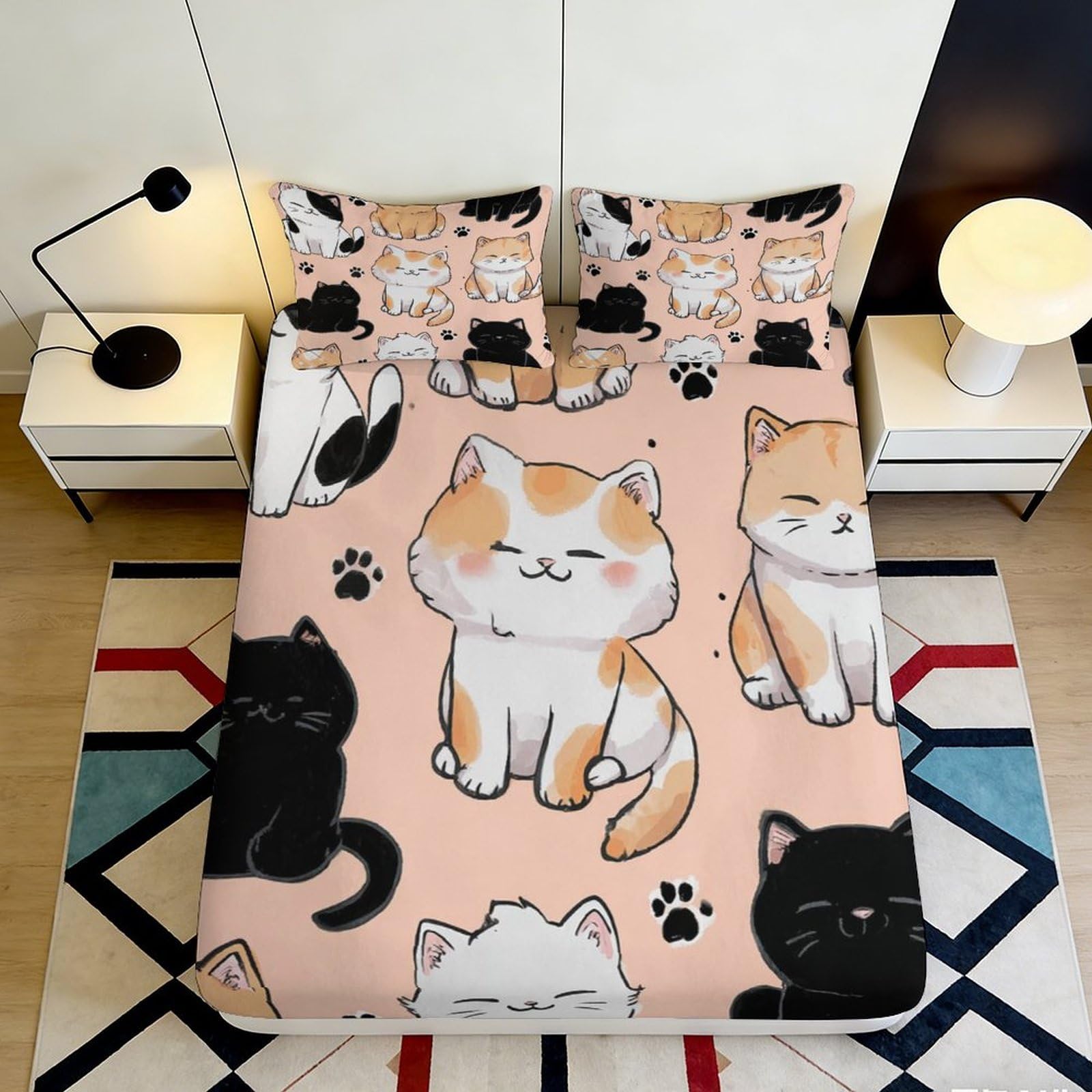 3D Printed Cute Cat Fitted Sheet, Microfiber Soft Touch, Slip Resistant Bed Cover for Bedroom or Guest Room, Easy Care Apartment Bedding, Wrinkle Resistant, Pink 120x200x25cm