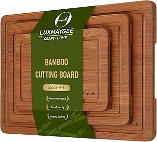 Bamboo Cutting Board Set, 3-Piece Carbonized Wood Cutting Boards with Deep Juice Groove, Non-Slip Feet & Handles – Durable Cutting Board for Meat, Vegetables, Fruits, Charcuterie, Ideal Kitchen Gift