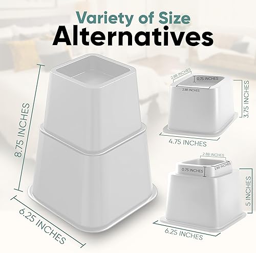 Miniatura 4 de Home Intuition Elevadores de cama ajustables resistentes de 3, 5 u 8 pulgadas, paquete de 2, juego de 16 piezas (blanco)