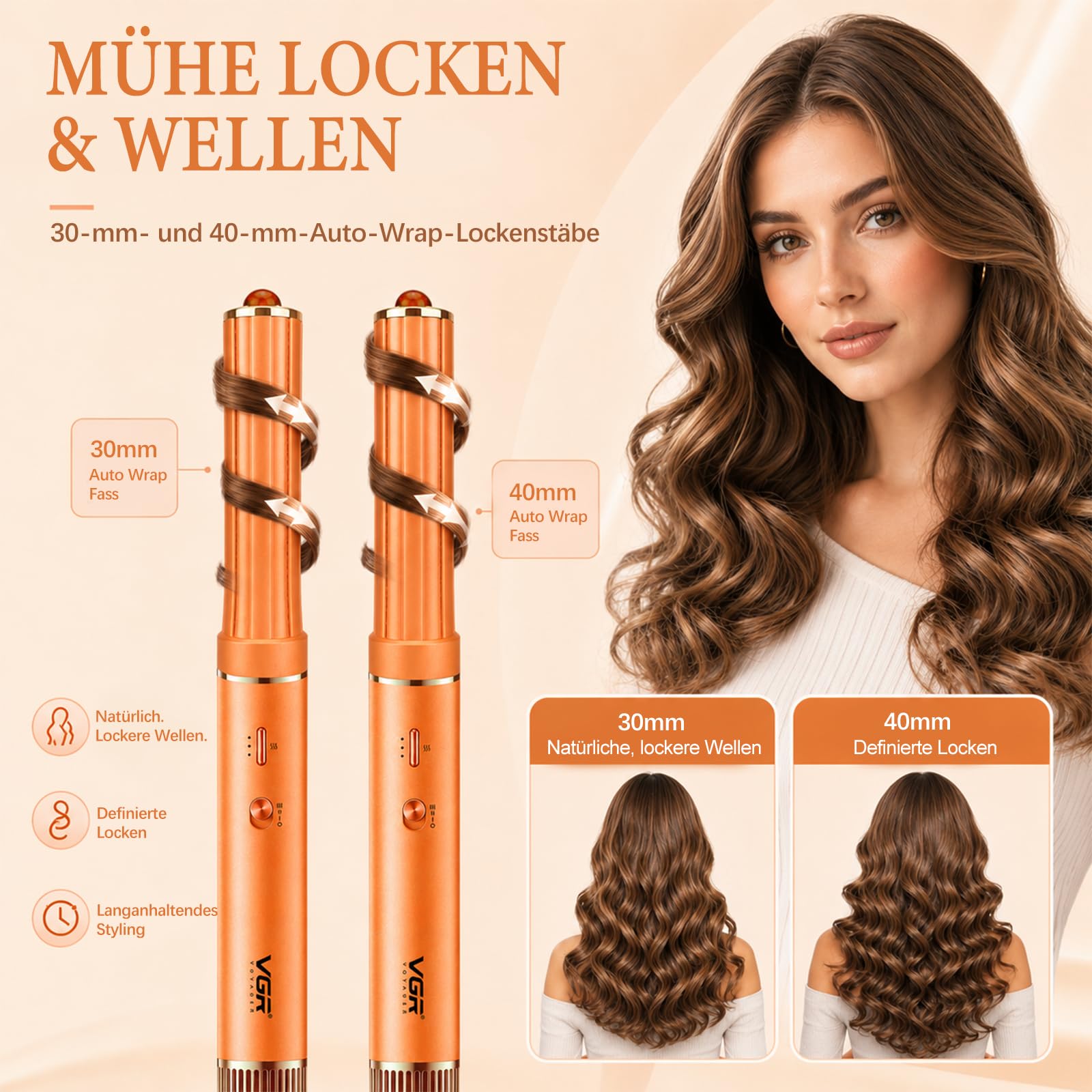 VGR 478 6-in-1 Hairstyler, 1300W Haarstyling Geräte Mit Föhnbürste Und Rundbürstenföhn, Airstyler Mit 3 Lüftergeschwindigkeitsstufen Und 4 Temperaturstufen, Lockenföhn Mit Abnehmbare Rückseite, Orange