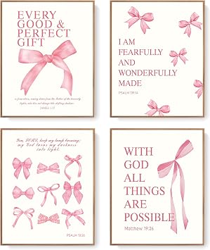 LARTSFRO Coquette Pink Bow Christian Wall Art Decor Posters, Pink Bow Room Bedroom Bathroom Dorm Wall Art Decor Aesthetic for College Teen Girls Gifts, Inspirational Bible Verses Bow Wall Decor, 12x16 Inch Set of 4 Pcs Bow Pictures UNFRAMED