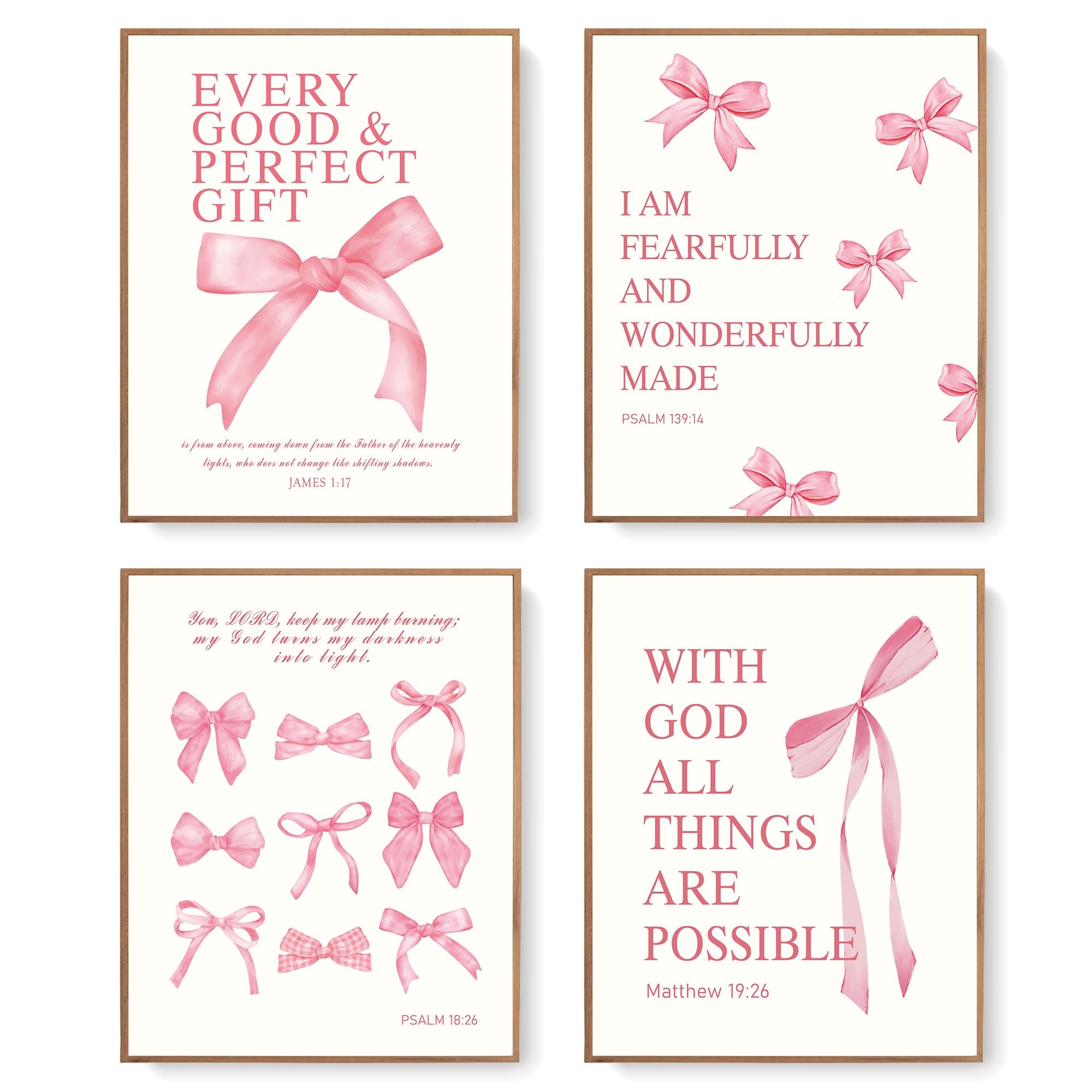 LARTSFRO Coquette Pink Bow Wall Art Decor Posters, Pink Bow Room Bedroom Bathroom Dorm Wall Art Decor Aesthetic for College Teen Girls Gifts, Inspirational Bible Verses Bow Wall Decor, 12x16 Inch Set of 4 Pcs Bow Pictures (UNFRAMED)