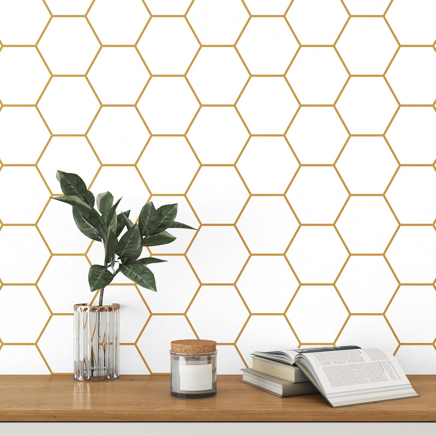 Peel and Stick Wallpaper Gold Contact Paper Hexagon Removable Wallpaper Geometric Self Adhesive Modern Trellis Vinyl 17.5"x102" Backsplash Tiles for Bedroom Bathroom Accent Wall