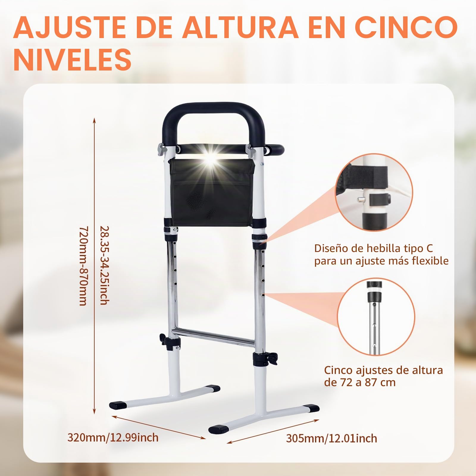Ayuda para Levantarse y Sentarse, Soporte de Ayuda para Levantarse para Personas Mayores con Luz con Sensor y Bolsa, 5 Niveles Ajustable 75–91cm, Soporta 136 kg, para Inodoro, Sofá, Escaleras