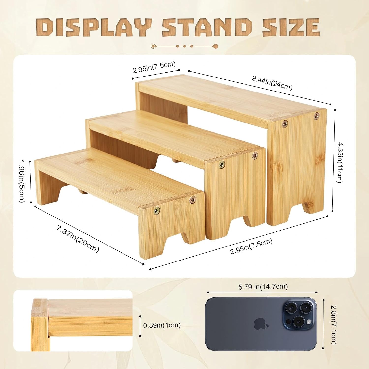 3 Tier Bamboo Display Stand Risers, Natural Bamboo Organizer Stand for Cupcake, Perfume, Cologne, Figurine, Spice, Cosmetic, Suitable for Table Display, Kitchen, Retail, Home Decor