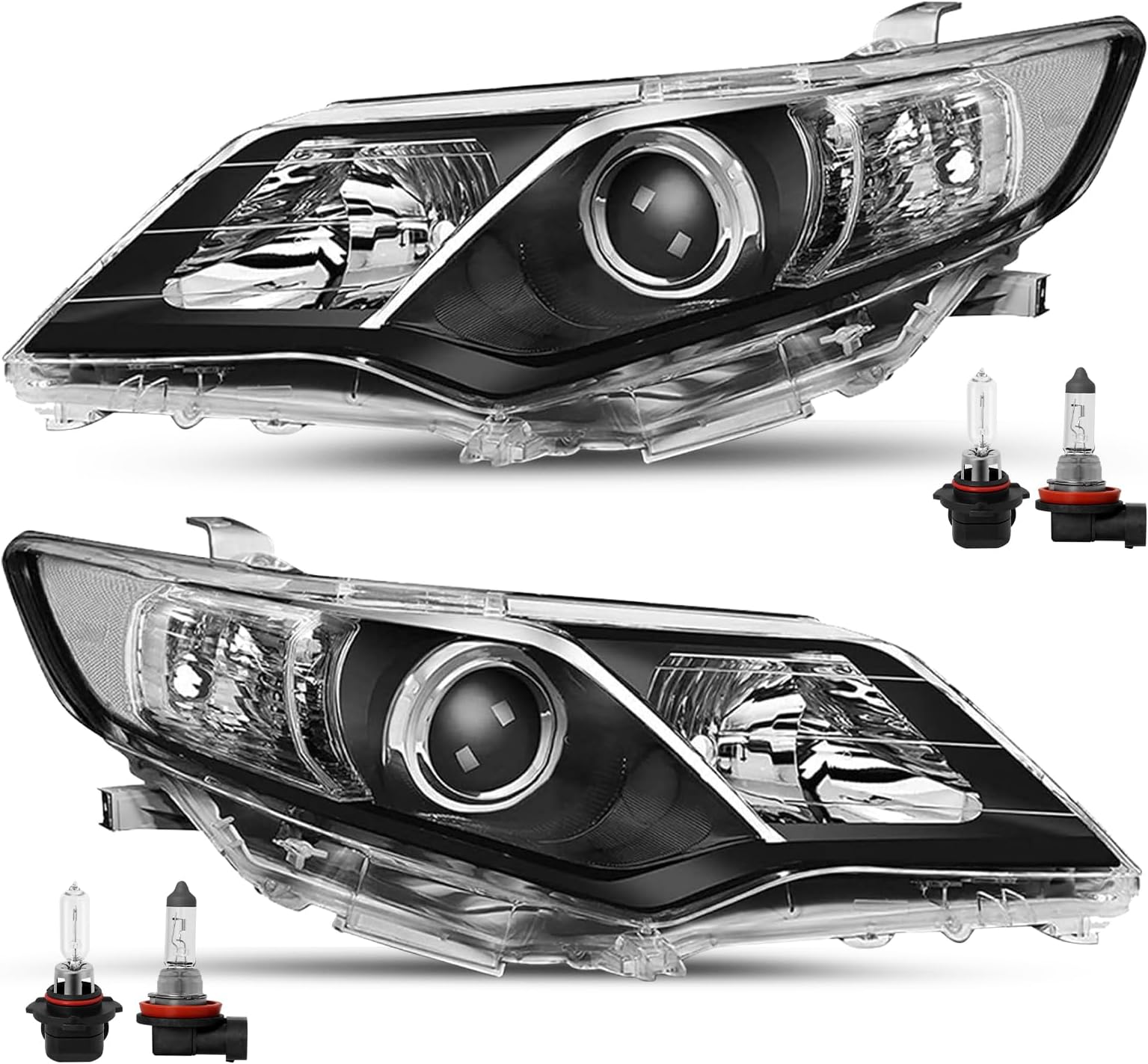 TUSDAR Headlight Assembly Fits For 2012 2013 2014 Toyota Camry L/Le/Xle/Hybrid/SE Driver and Passenger Side (Black Housing with Clear Reflector) w/Halogen Bulbs