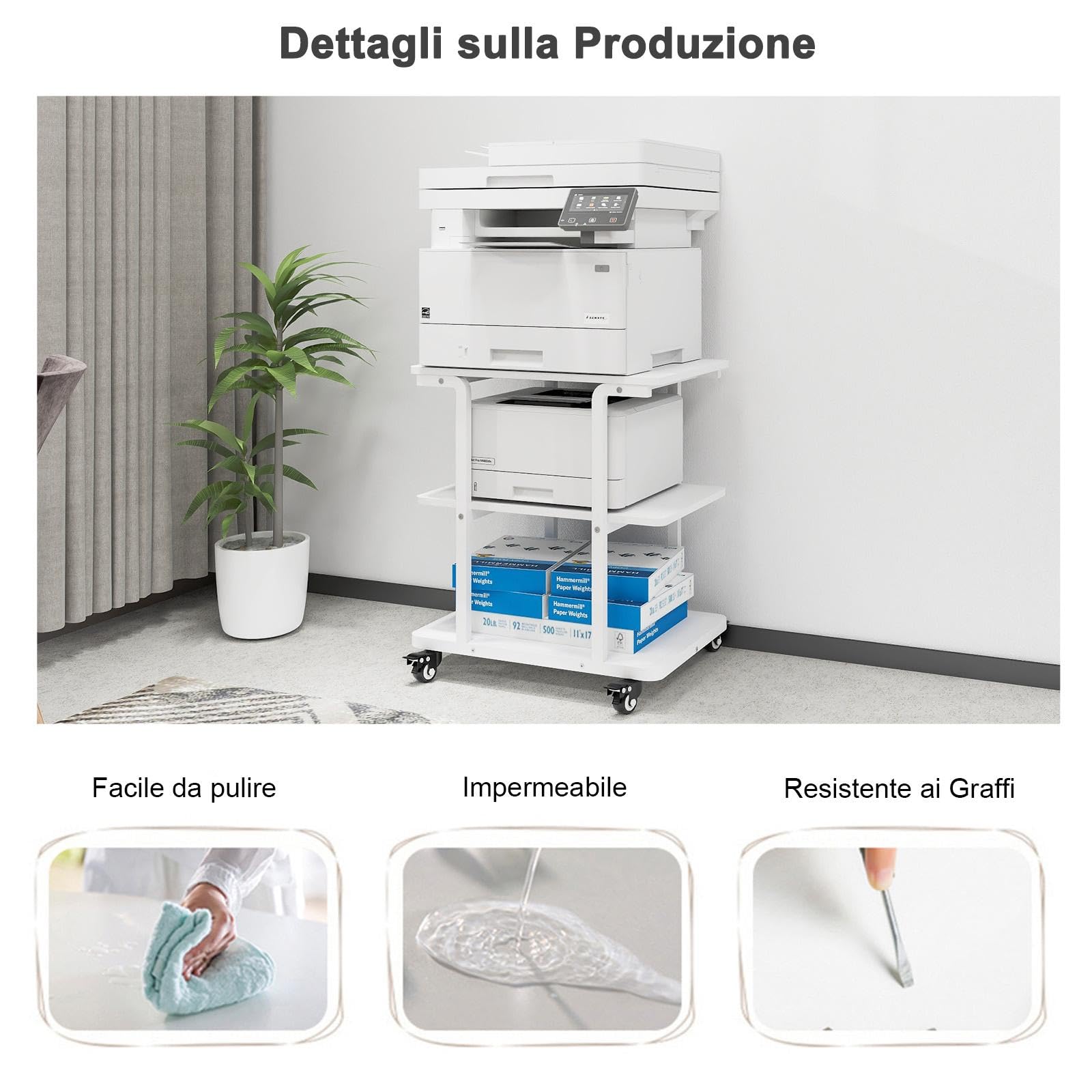 PUNCIA Supporto per Stampante a 3 Livelli Mobile Stampante 60x50x68CM Carrello Porta di Stoccaggio con Ruote Scaffale Porta Sotto Scrivania in Legno per Ufficio e Casa (Bianco)