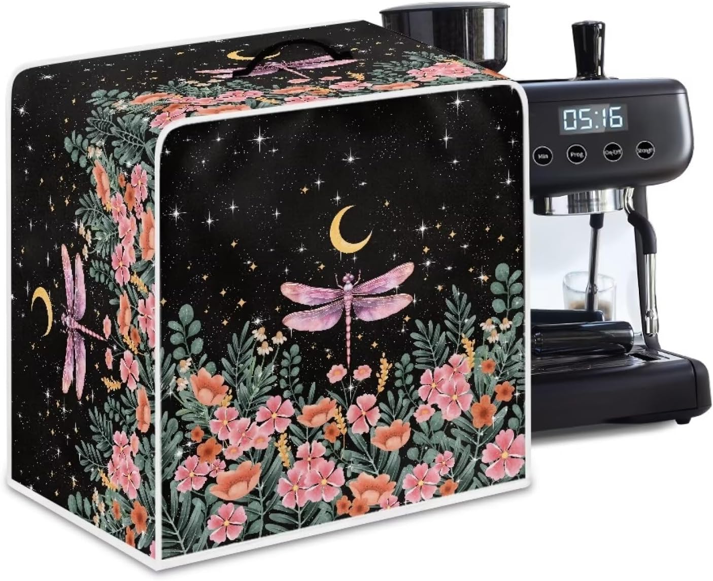 Dragonfly Flower Moon Print Coffee Maker Cover Stain Resistant Washable Covers with Durable Handle Dust Protection Coffee Maker Appliance Cover for Kitchen, Size L