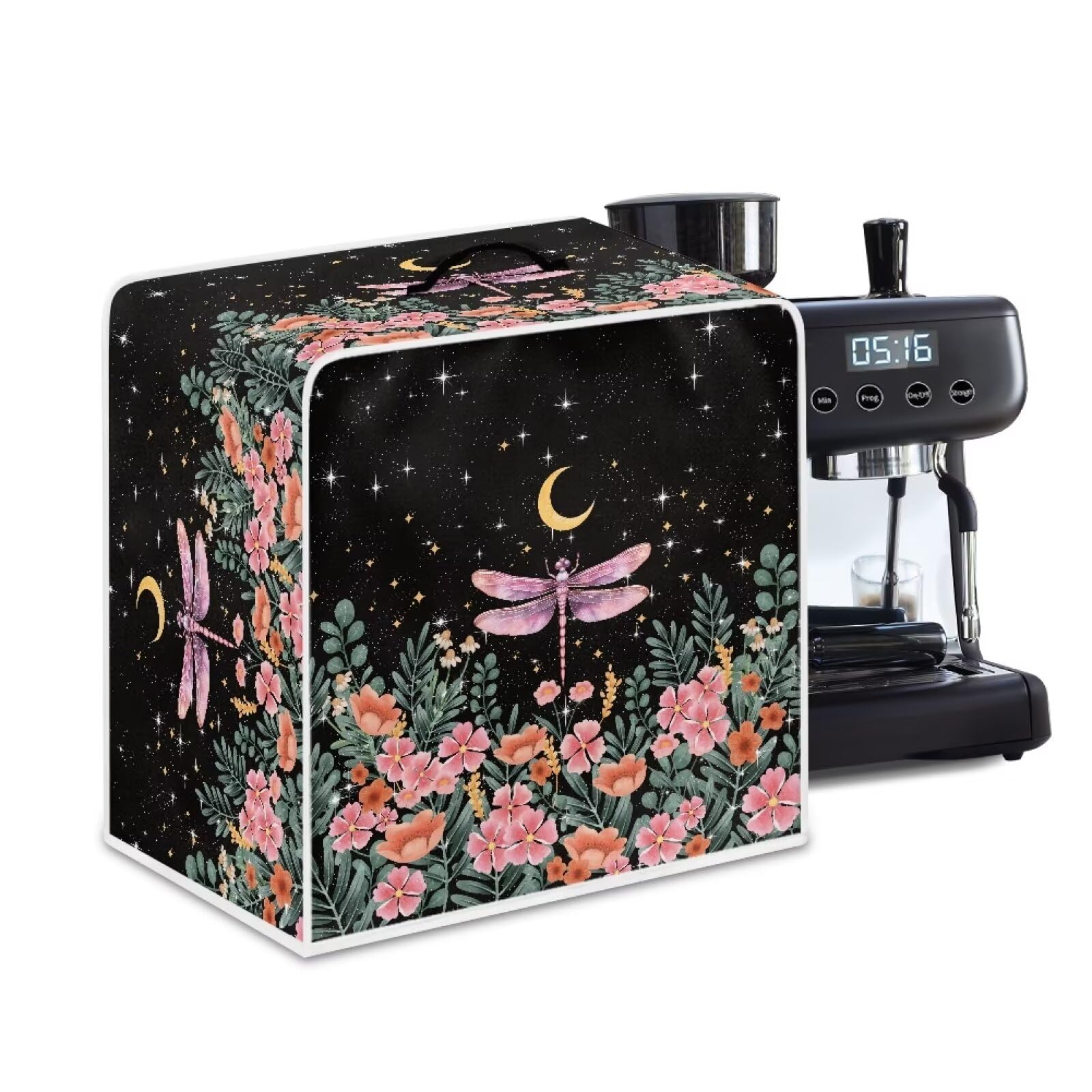 Talayituse Dragonfly Flower Moon Print Coffee Maker Cover Stain Resistant Washable Covers with Durable Handle Dust Protection Coffee Maker Appliance Cover for Kitchen, Size L