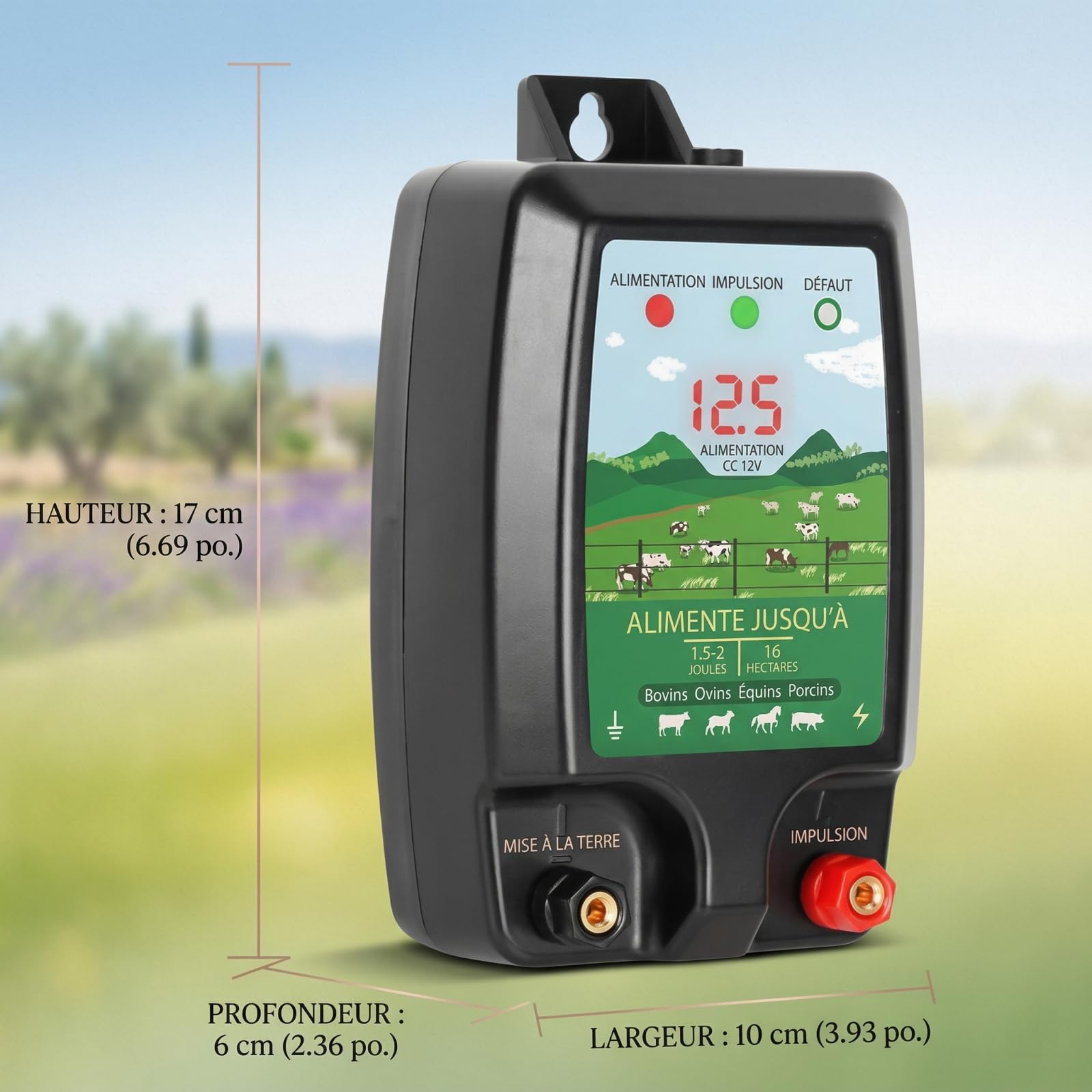 Dispositivo di recinzione elettrica 12 V con display a LED, portata 10 km, 2 Joule, 12 kV, per la protezione di animali da fattoria, pollame, pascoli e giardini (nero)
