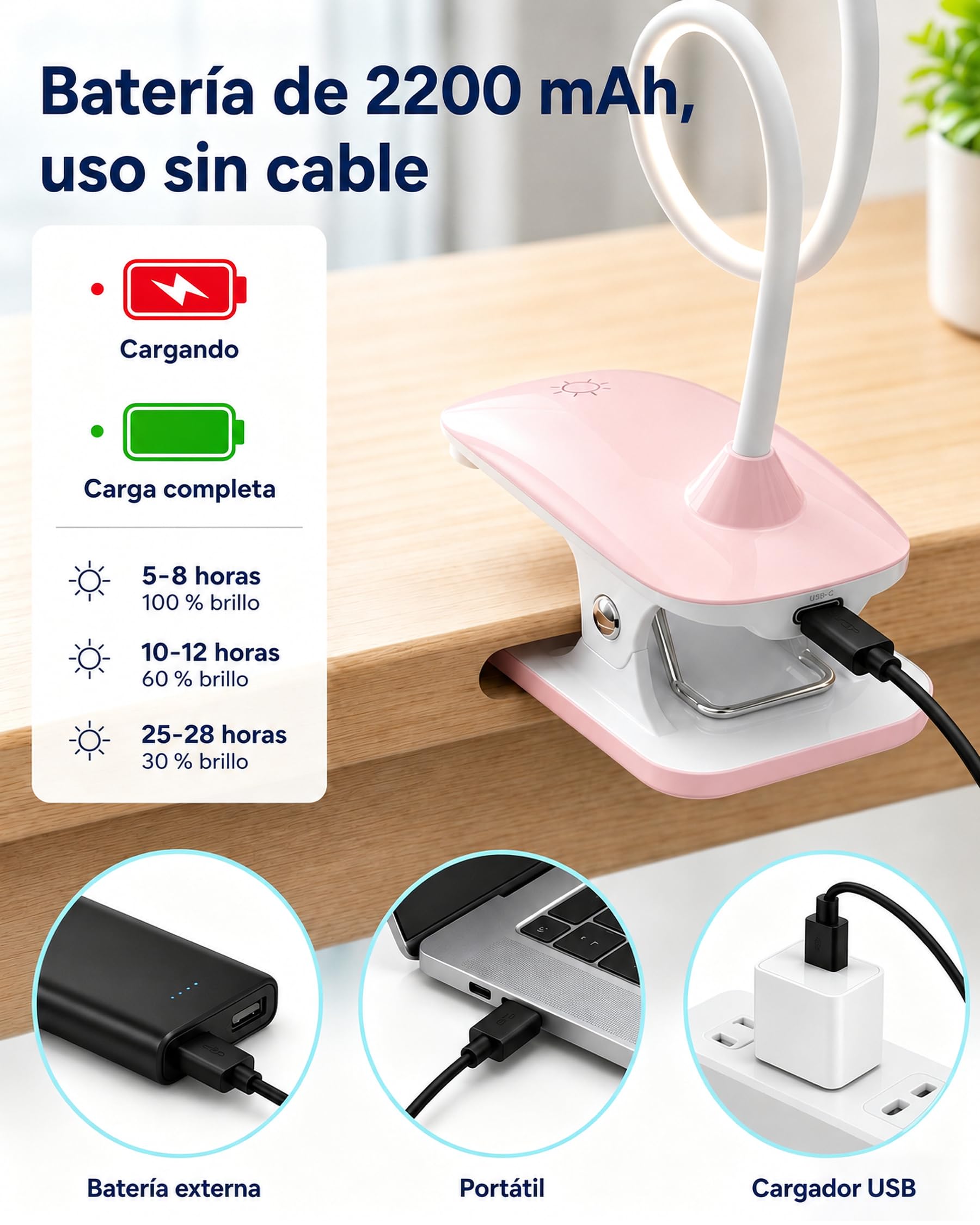 Lámpara LED de Escritorio con Pinza para Niños, Luz de Lectura Recargable USB, 3 Modos de Luz, Cuello Flexible 360°, Batería 2200mAh, para Estudiar, Leer en Cama y Trabajar, Rosa