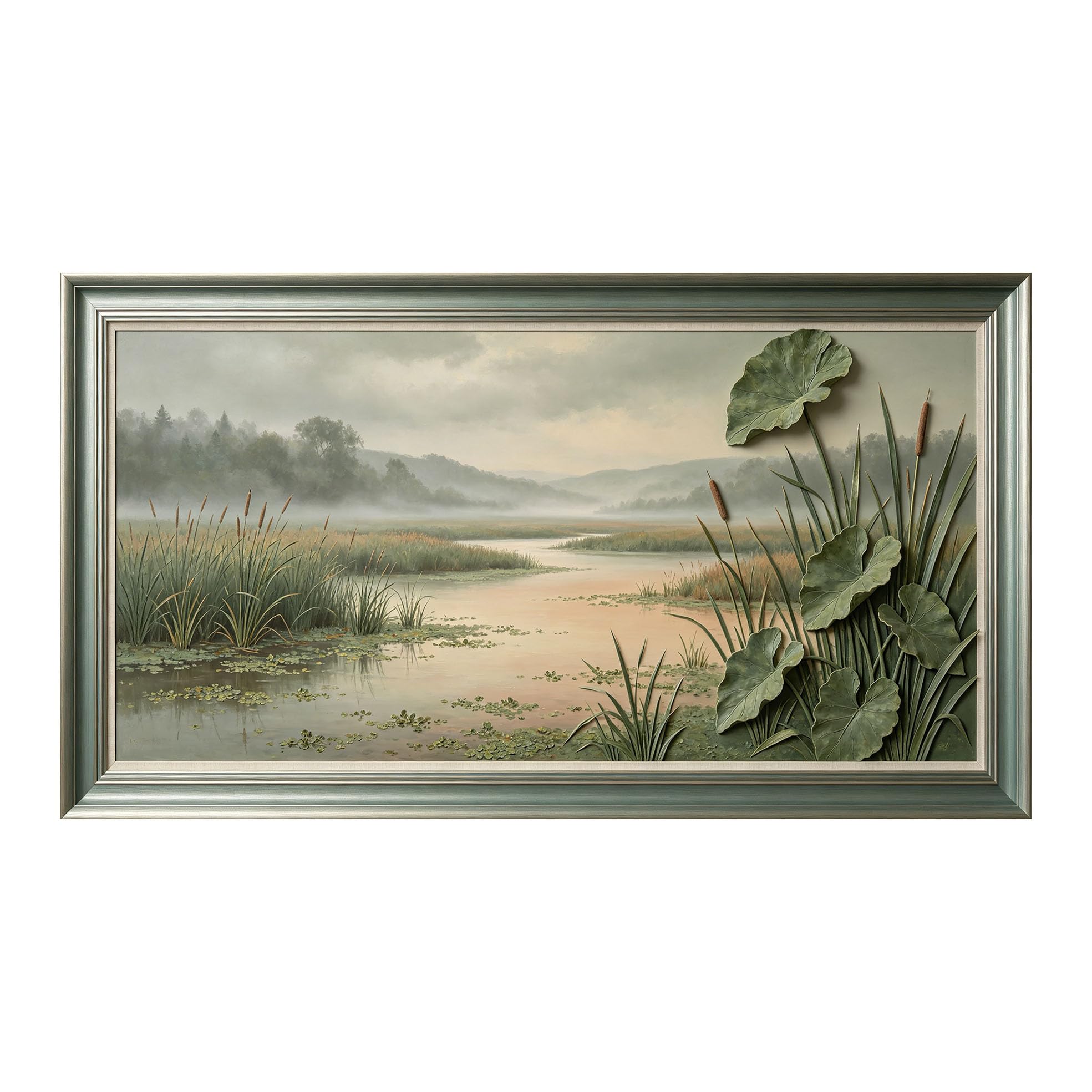 Yzpallescene 3D Framed Wall Art 50cm×100cm Misty Wetland Meadow Relief Effect Oil Painting Large Size SelfAdhesive Removable Wall Decor Prints Artwork for Living Room Bedroom Office