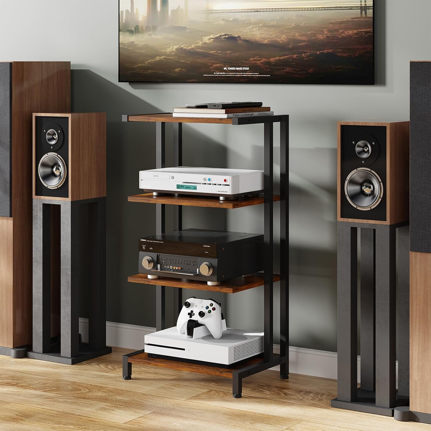 X-cosrack 16.5" Small 4-Tier AV Media Stand,Narrow Version Wooden Corner Shelves Stereo Cabinet Audio Rack Stand Tower Perfect for Small DVD Players Game Console TV Box Cable Box WiFi Router