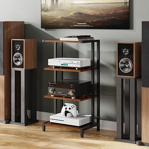 Miniatura 8 de X-cosrack Soporte multimedia AV pequeño de 4 niveles de 16.5 pulgadas, versión estrecha, estantes de esquina de madera, gabinete estéreo, soporte de