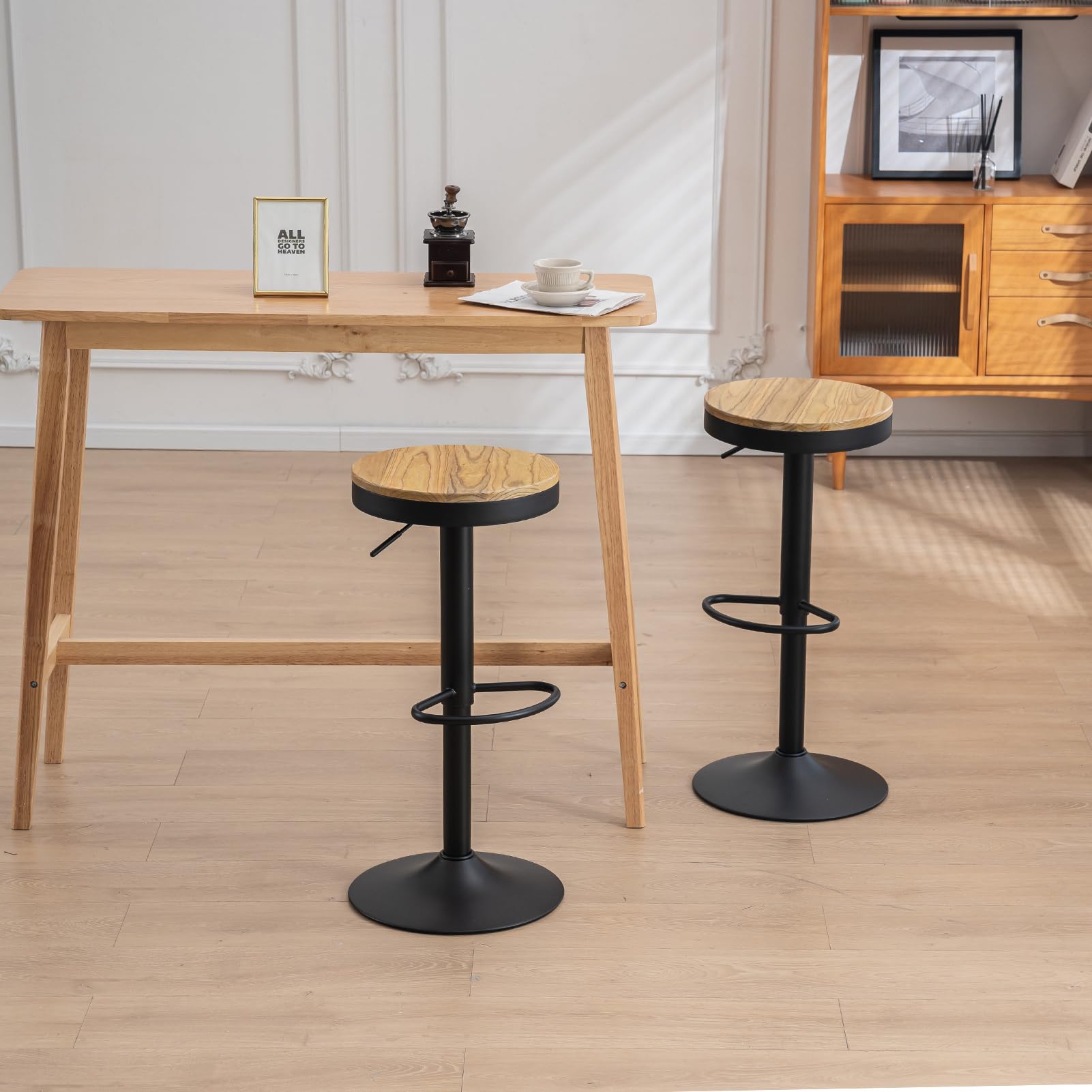 Kidol & Shellder Tabourets de Bar Chaises de Salle à Manger Lot de 2 Noir, Tabouret en Bois Hauteur Réglable à 360°, Tabouret de Bar en Bois et Métal, pour Maison Cuisine Comptoir Bistro
