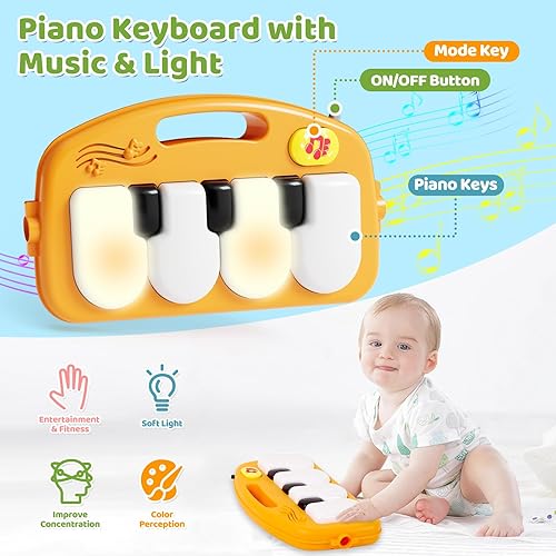 Miniatura 4 de Tapete de juego para gimnasio para bebés con andador, centro de actividades de piano 2 en 1 con luz y música, tapete para el tiempo boca abajo y