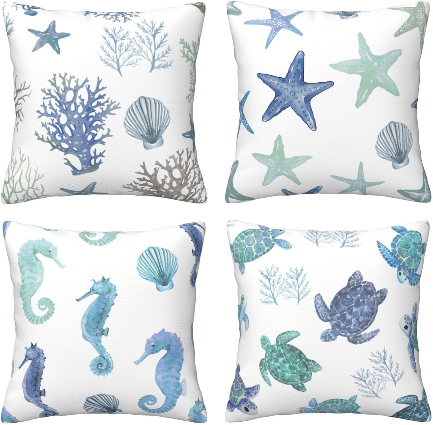HOSTECCO Blue Coastal Throw Pillow Covers 18x18 inch Set of 4 Sea Animals Starfish Turtle Pillow Cases Nautical Decorative Cushion Covers for Sofa Couch Living Room