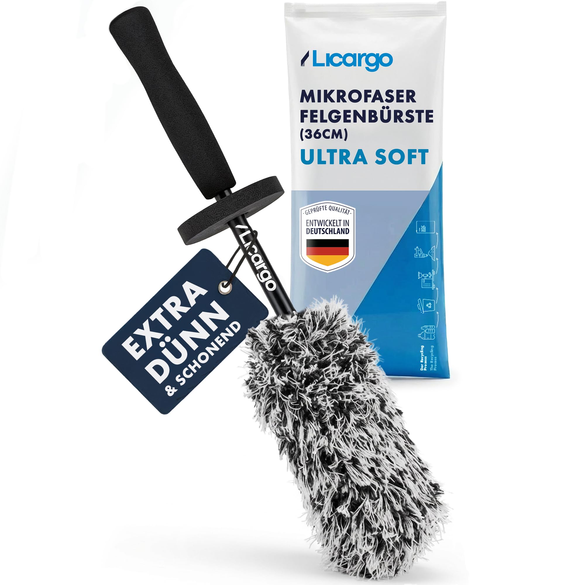 LICARGO Mikrofaser Felgenbürste extra dünn - erreicht Enge Speichen & tiefes Felgenbett - Stabiler Kern, schonend für alle Felgen - Felgenbürste Auto für präzise Felgenreinigung (36cm lang)