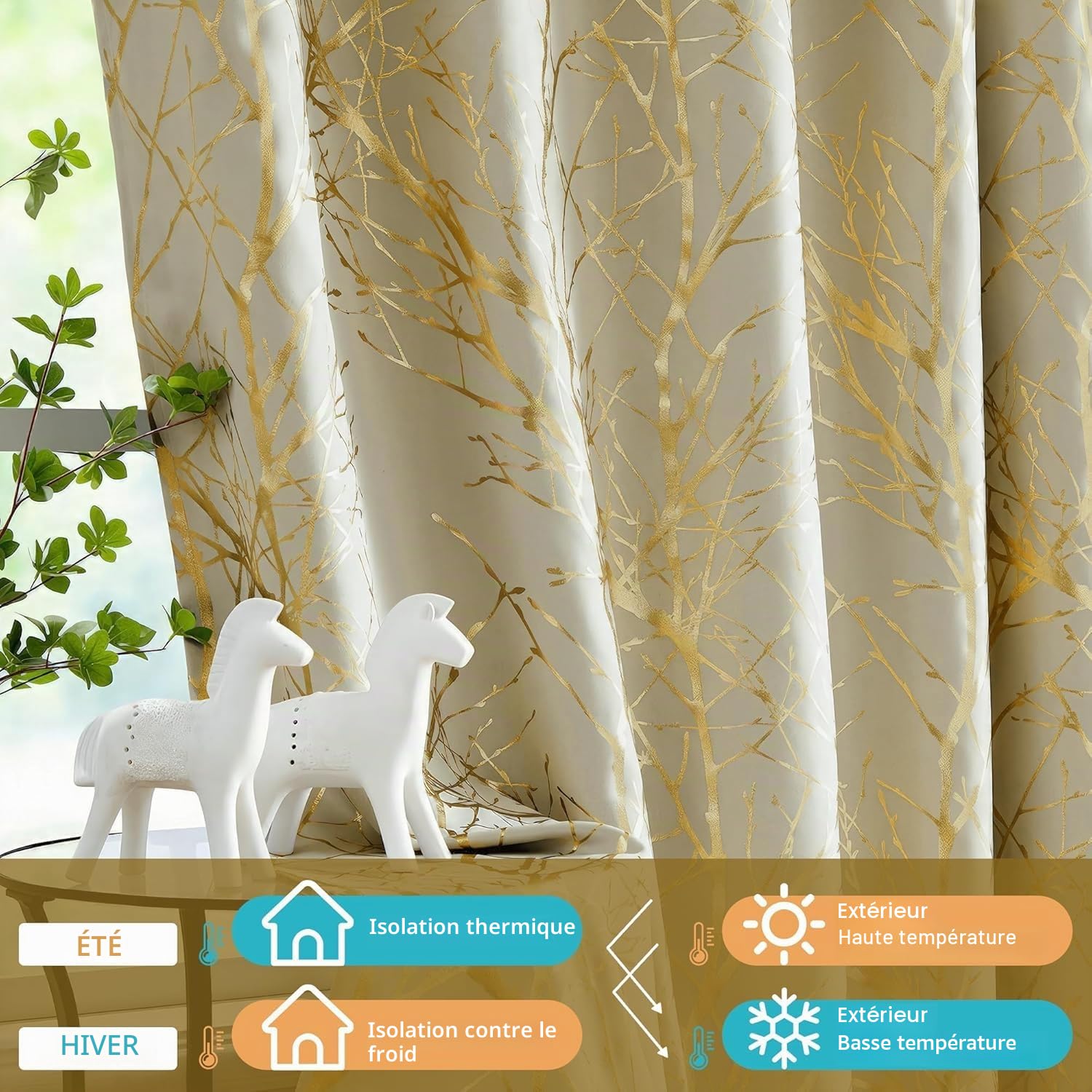 Fmfunctex Lot de 2 rideaux occultants à œillets pour salon et chambre à coucher Motifs branches d'arbre Beige doré 229 cm