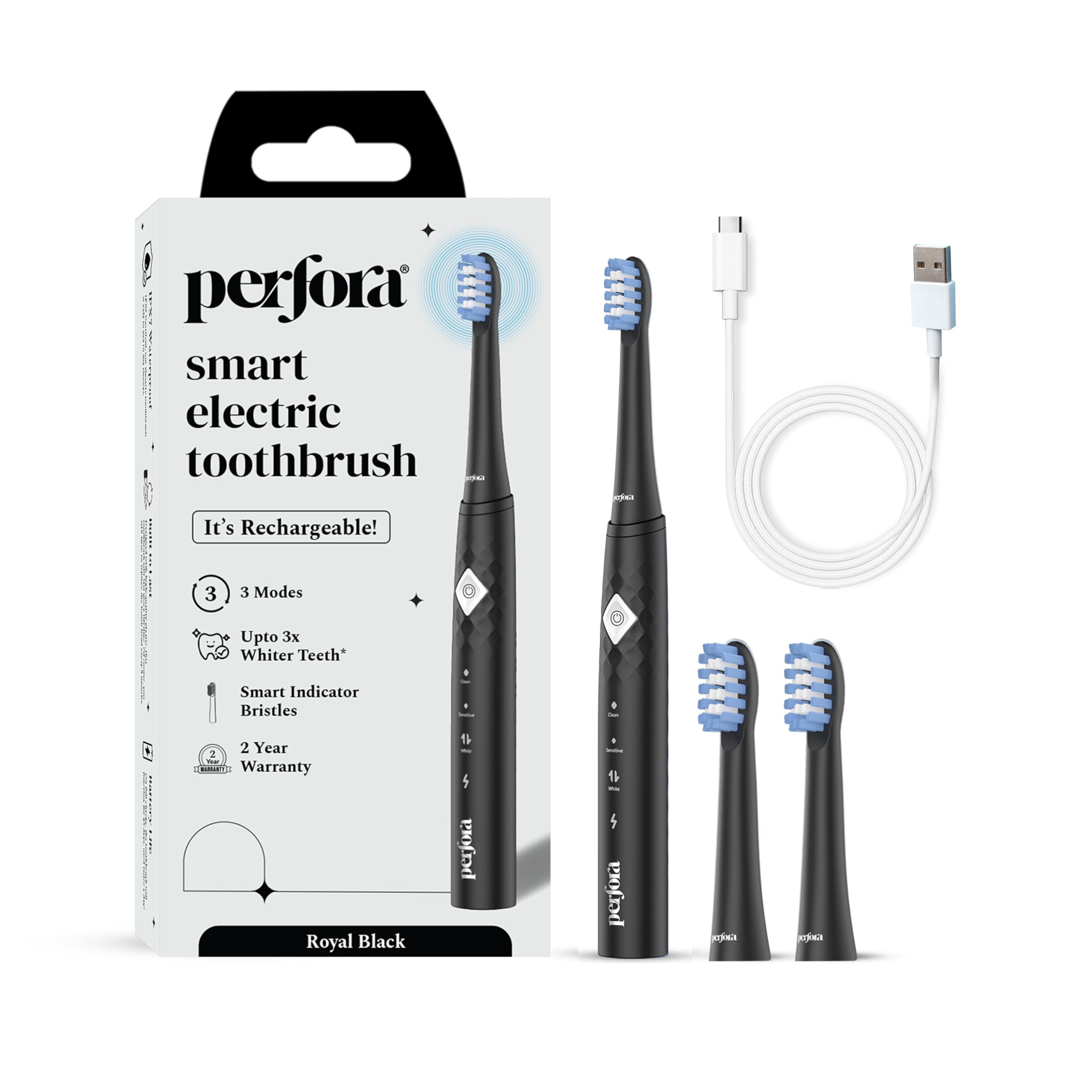 Perfora Rechargeable Electric Toothbrush 3 Brush Heads 30000 Vibrations Smart Indicative Bristles 3 Modes 2 Year Warranty Electric Brush,Electric Toothbrush For Men,Women&Kids Royal Black,1 Count