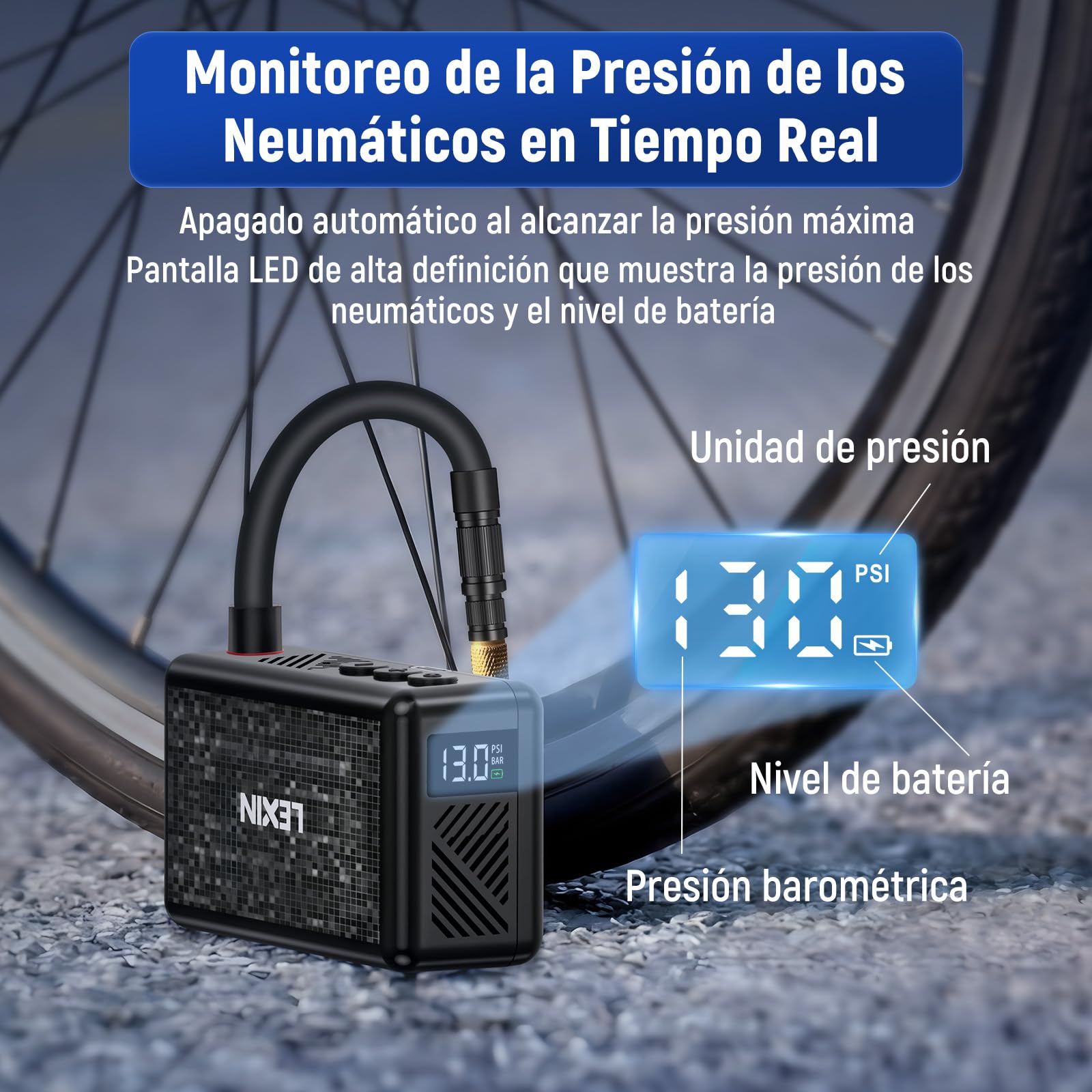 LEXIN P2 Mini Bomba para Bicicleta, 130 PSI, Ultra-Ligero, Pantalla LCD | Compresor Portátil para Bicicleta con Batería 700mAh, Válvulas Presta y Schrader, para Bicicleta/Moto/Bola/Scooter