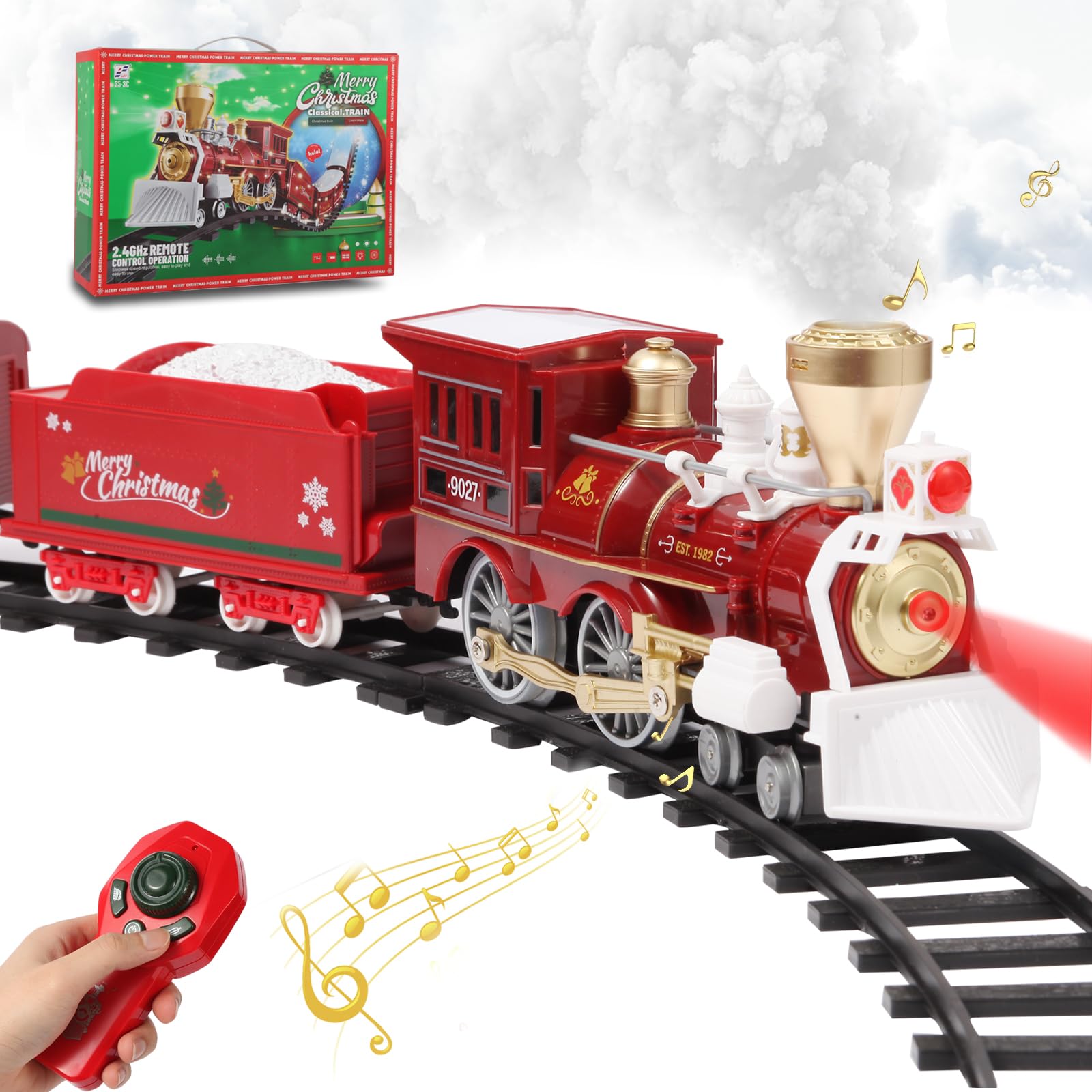 Christmas Train Set, Train Toy with Remote Control, Toy Train Set Under The Christmas Tree with Sounds, Lights and Smoke, Christmas Toy Gift for Toddler 3 4 5 6 7 8 Years