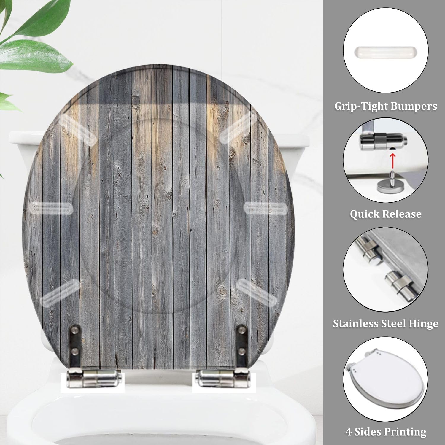 Sedile WC Rotondo In Resina, Effetto Parete Grigio Effetto Legno, Chiusura Ammortizzata, Cerniere A Sgancio Rapido, Decorativo con Copriwater, Facile Da Installare.