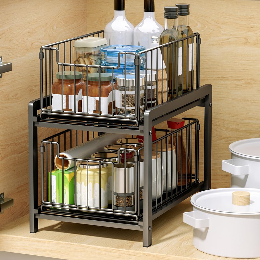 Organizador de 2 niveles para debajo del fregadero, armario de cocina, estante de almacenamiento para ahorrar espacio, estante de baño con cajón extraíble deslizante, cesta de encimera