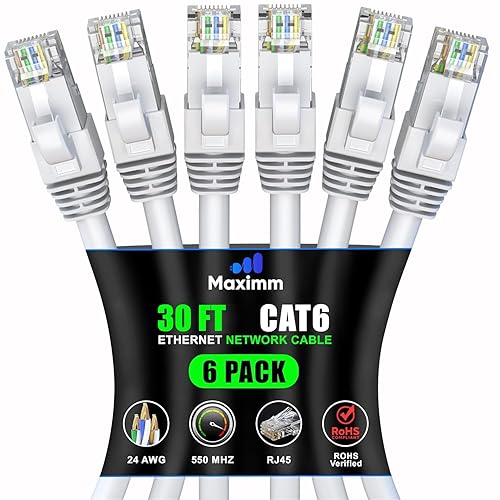 Miniatura 25 de Maximm Cable Ethernet Cat 6 de 30 pies (paquete de 6) – Cable LAN de alta velocidad, cable de Internet, cable de conexión y cable de red – UTP,