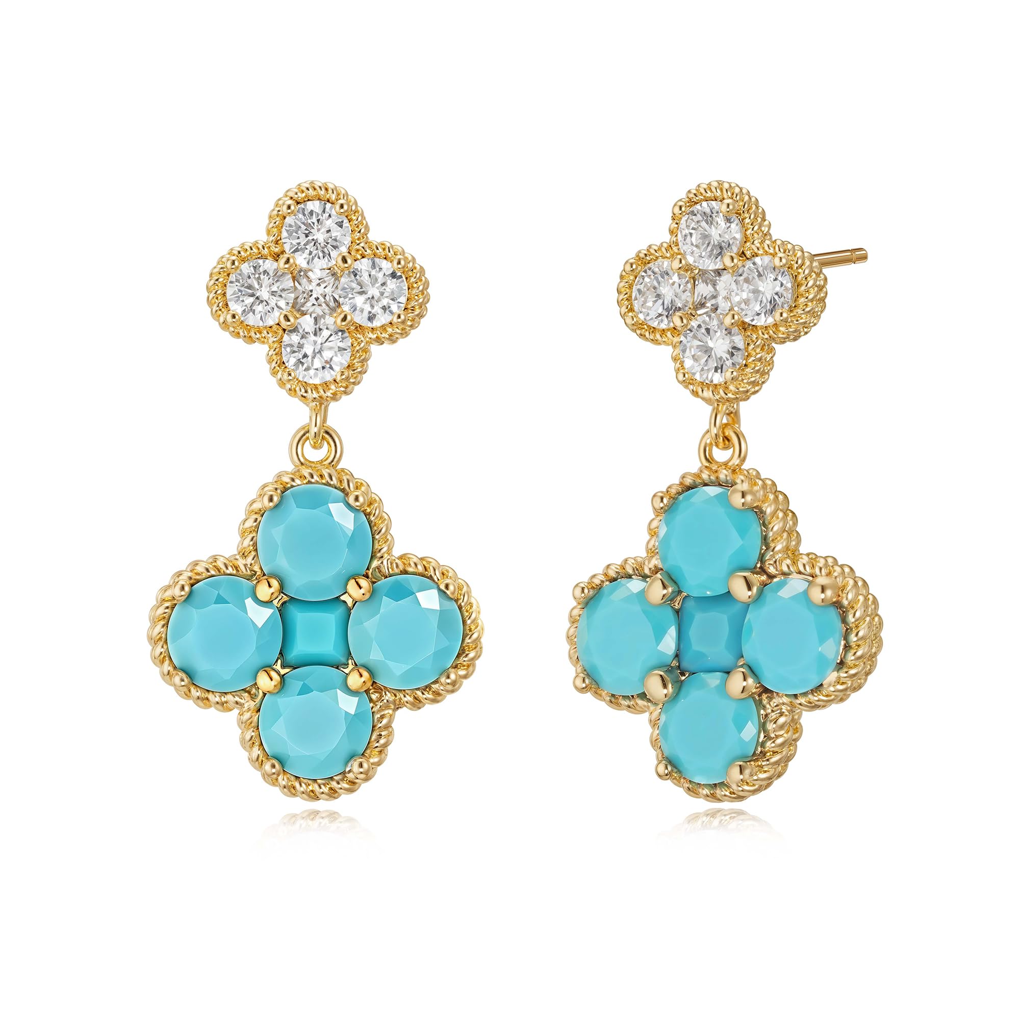 14K Gold Plated Double Plum Blossom Dangle Birthstone Four Leaf Clover Stud Earrings for Women, Hypoallergenic Drop Trendy Dainty Gold Earrings Birthday Gifts