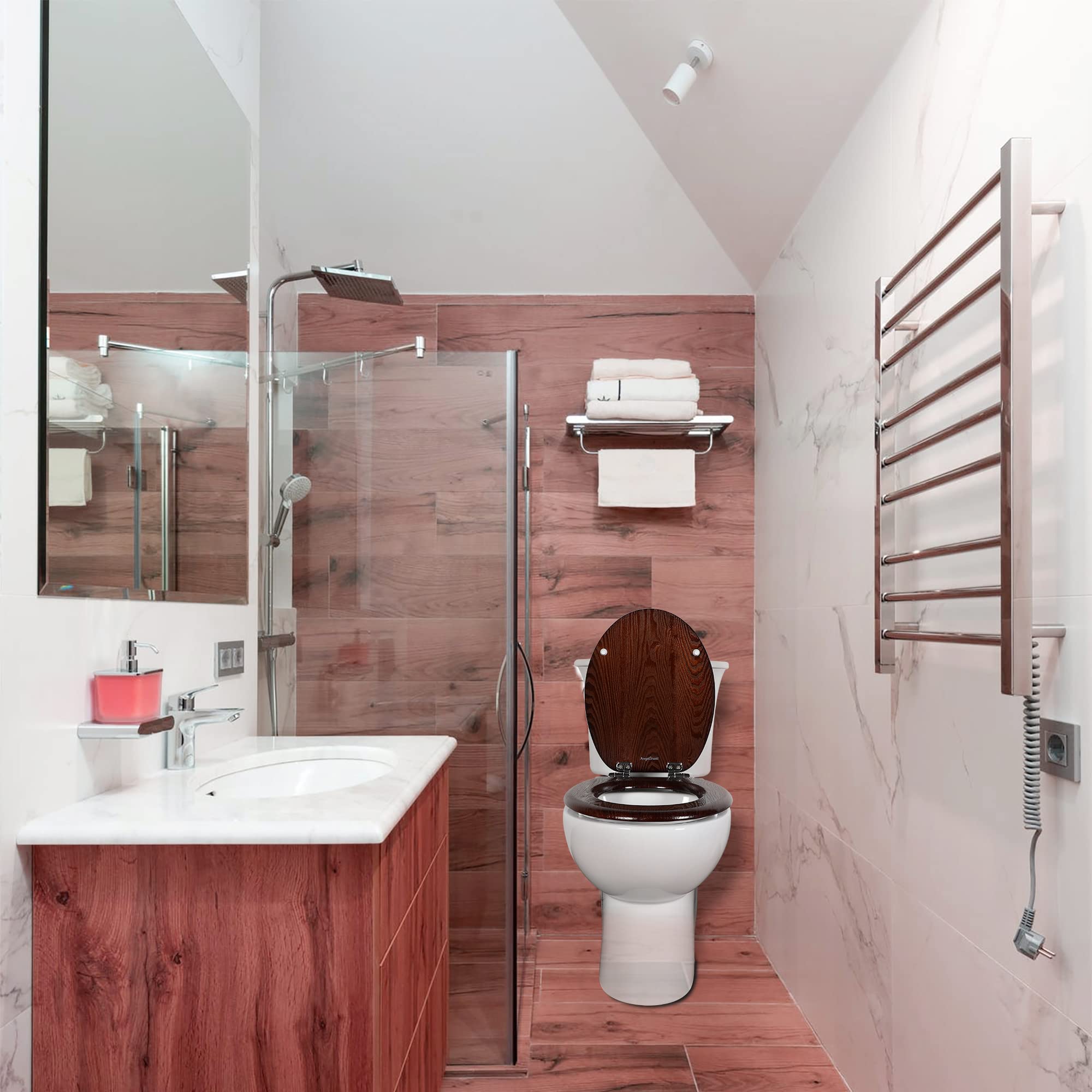 Angel Shield Asiento de inodoro de madera natural con cierre silencioso y bisagras de liberación rápida, fácil de instalar y limpiar, antibacteriano (nogal oscuro)